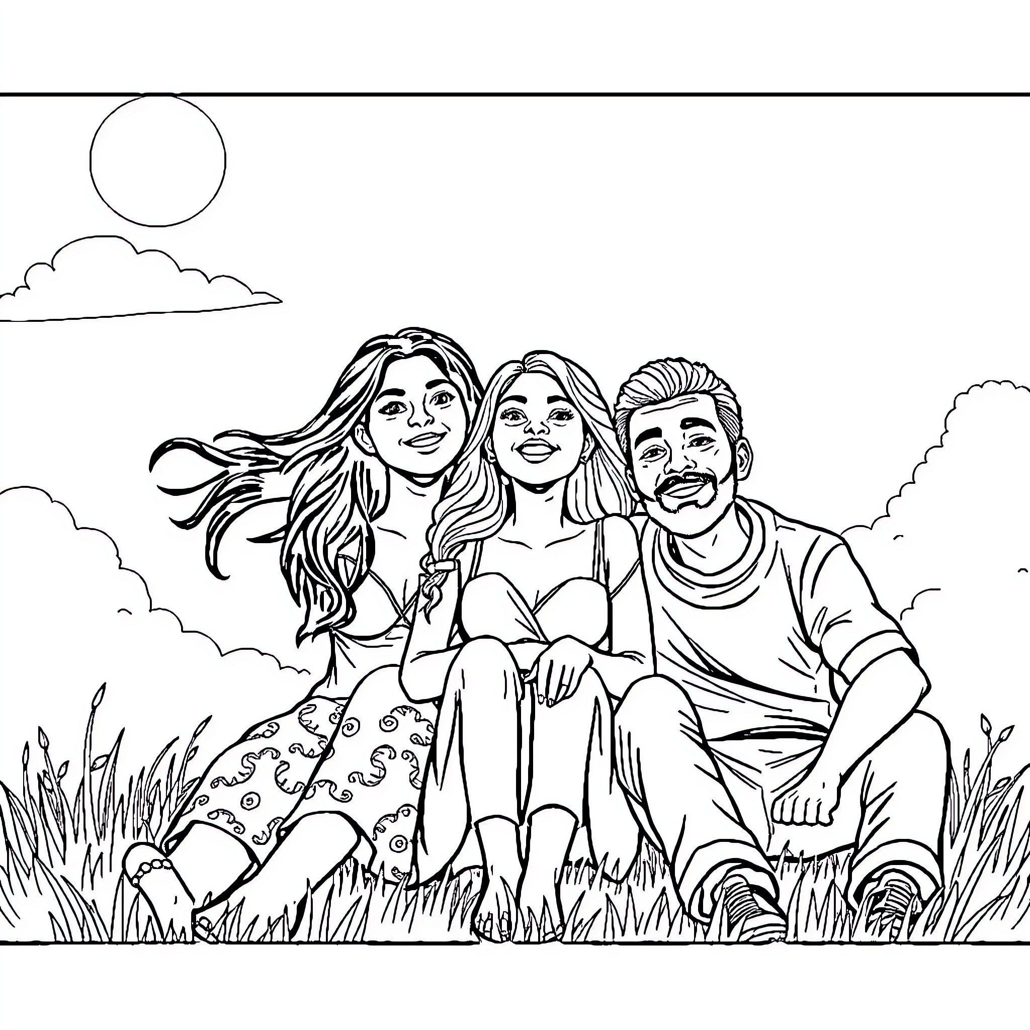 Rania's happy family picnicking in nature Coloring Page (free black-and-white line drawing printable PDF for all, from beginners to advanced learners, including children, teens, adults, and seniors)
