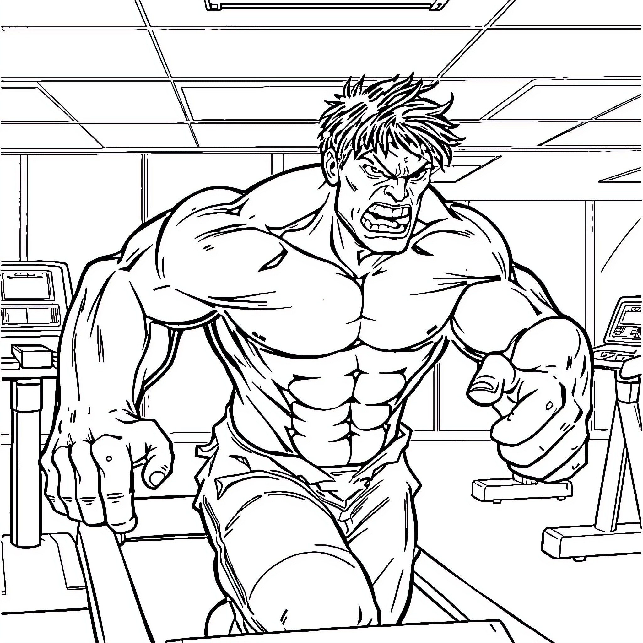 Hulk Dominates Gym with Intense Workout Coloring Page (free black-and-white line drawing printable PDF for all, from beginners to advanced learners, including children, teens, adults, and seniors)