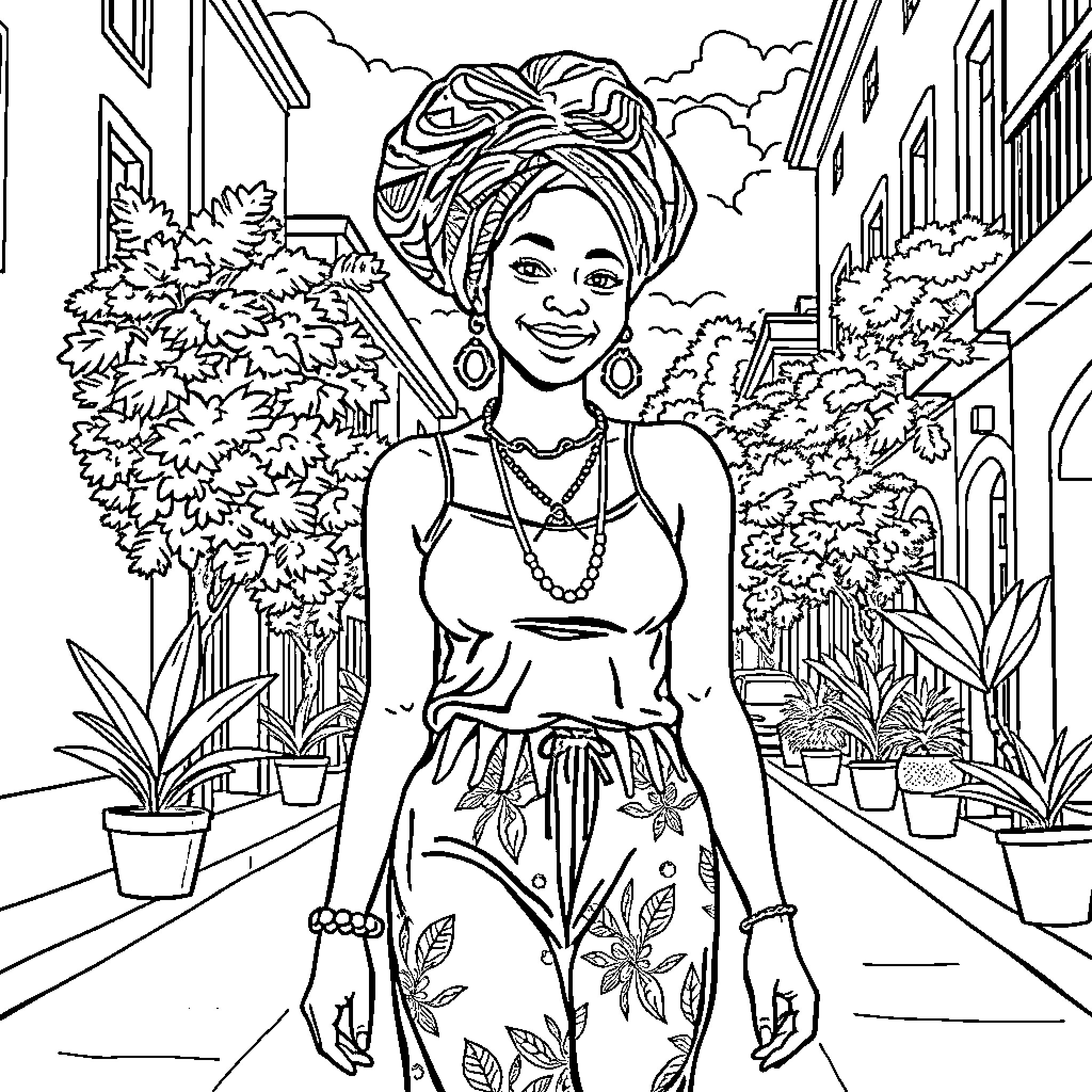 Woman in traditional dress on city street Coloring Page (free black-and-white line drawing printable PDF for all, from beginners to advanced learners, including children, teens, adults, and seniors)