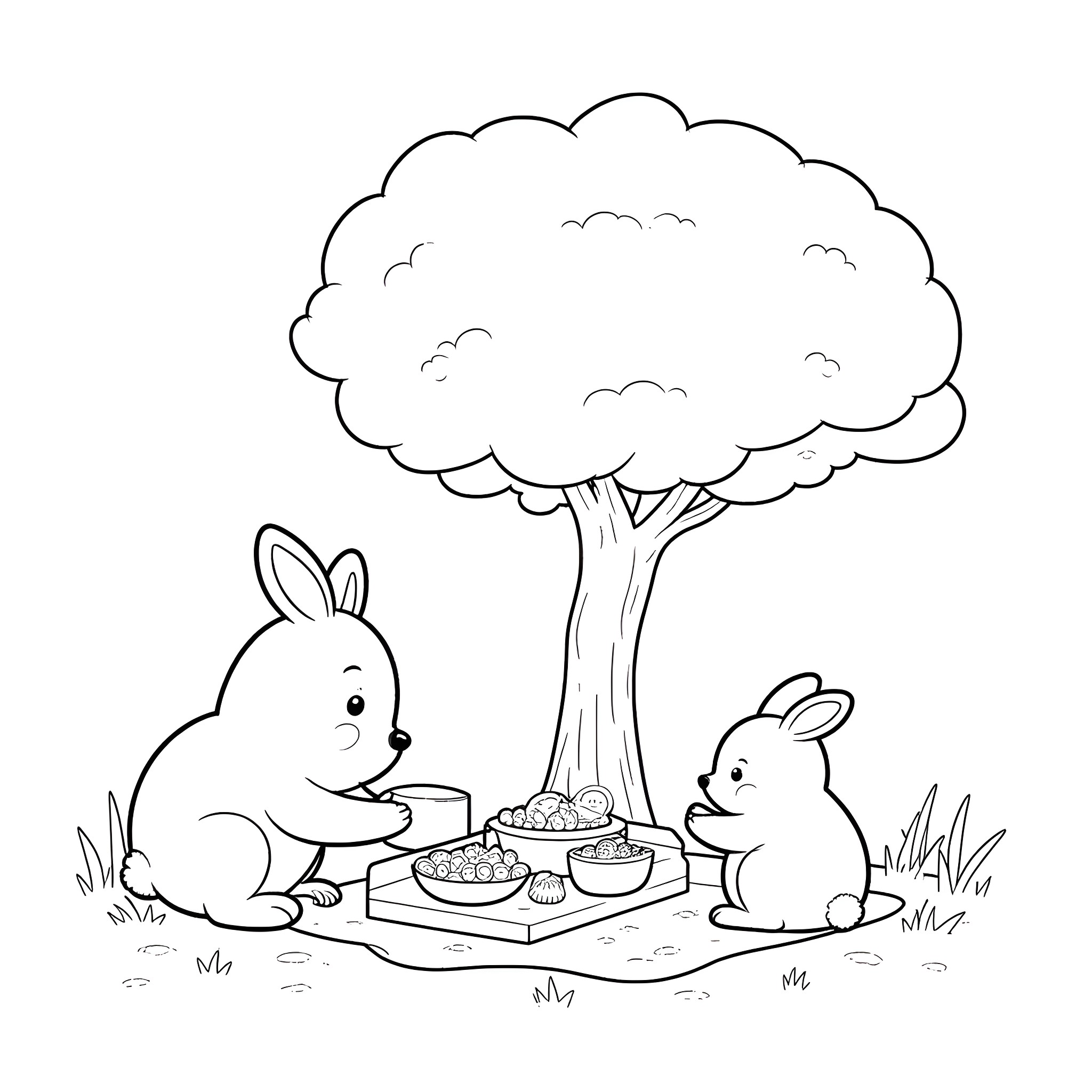 Animal picnic under a tree Coloring Page (free black-and-white line drawing printable PDF for all, from beginners to advanced learners, including children, teens, adults, and seniors)