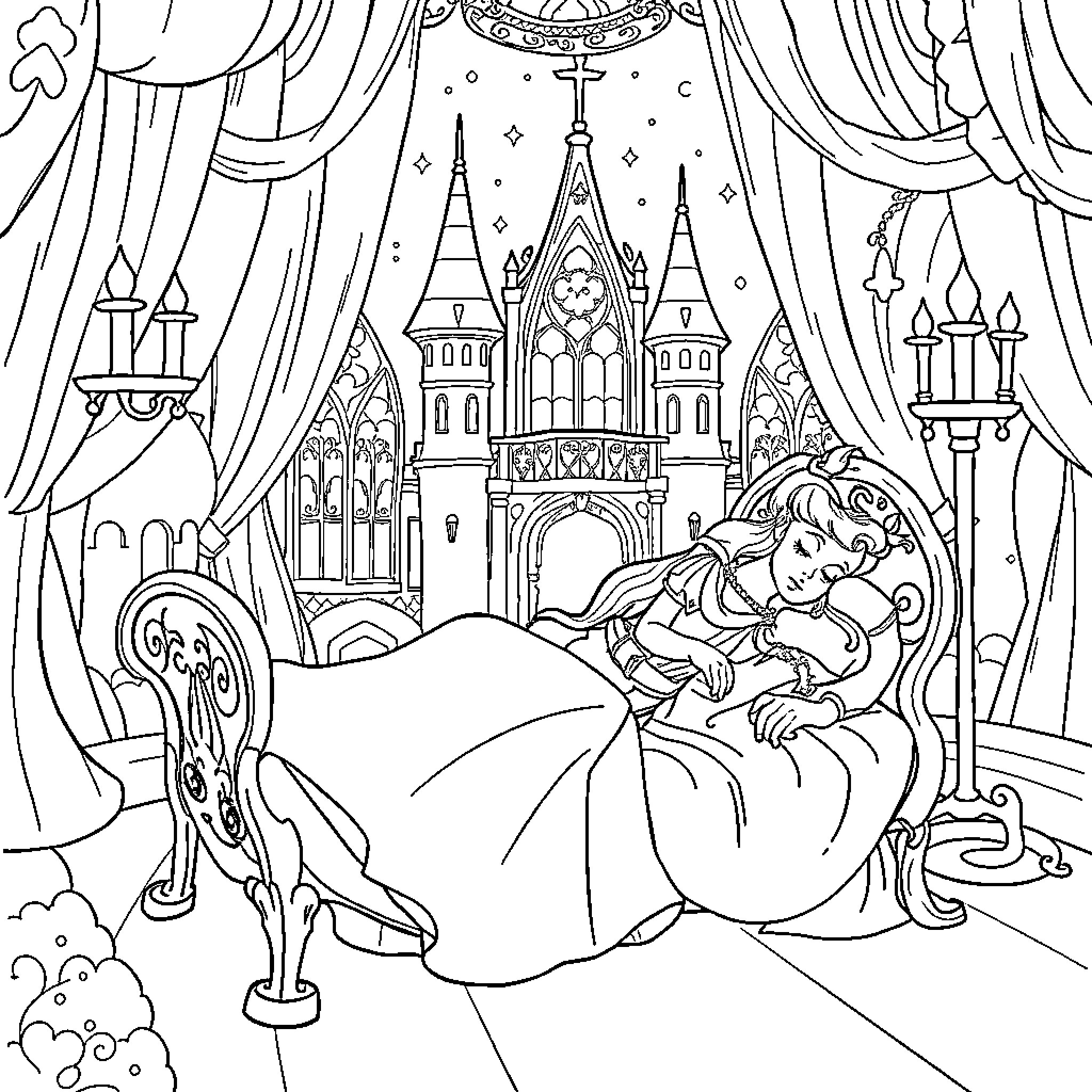Sleeping Beauty dreaming in the enchanted castle Coloring Page (free black-and-white line drawing printable PDF for all, from beginners to advanced learners, including children, teens, adults, and seniors)