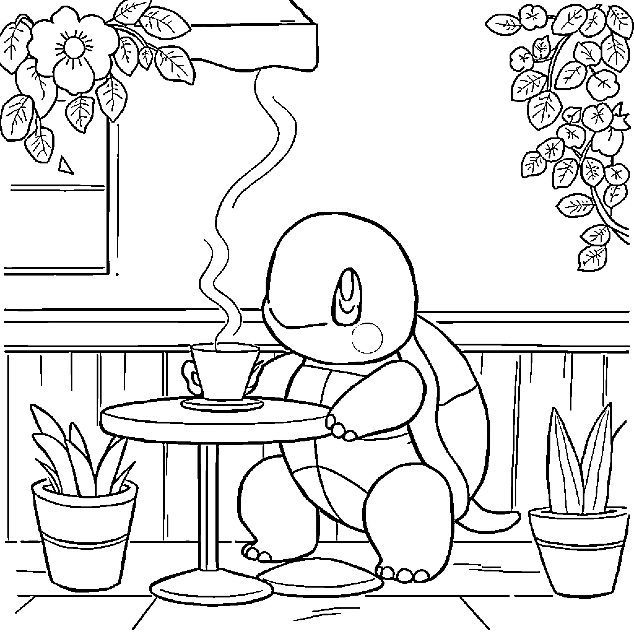 Carapuce enjoying a cozy afternoon Coloring Page (free black-and-white line drawing printable PDF for all, from beginners to advanced learners, including children, teens, adults, and seniors)