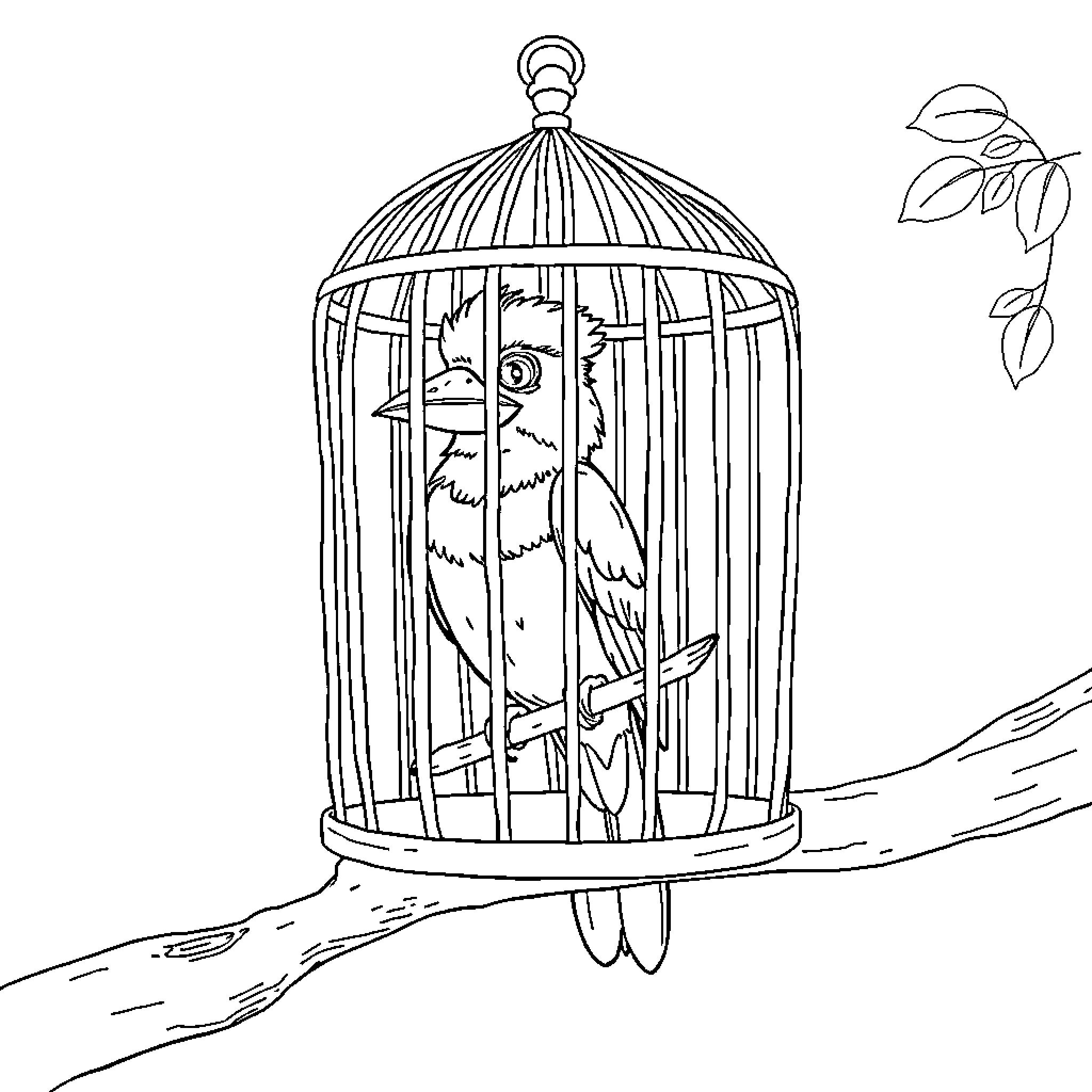 Birdcage with a bird perched inside Coloring Page (free black-and-white line drawing printable PDF for all, from beginners to advanced learners, including children, teens, adults, and seniors)