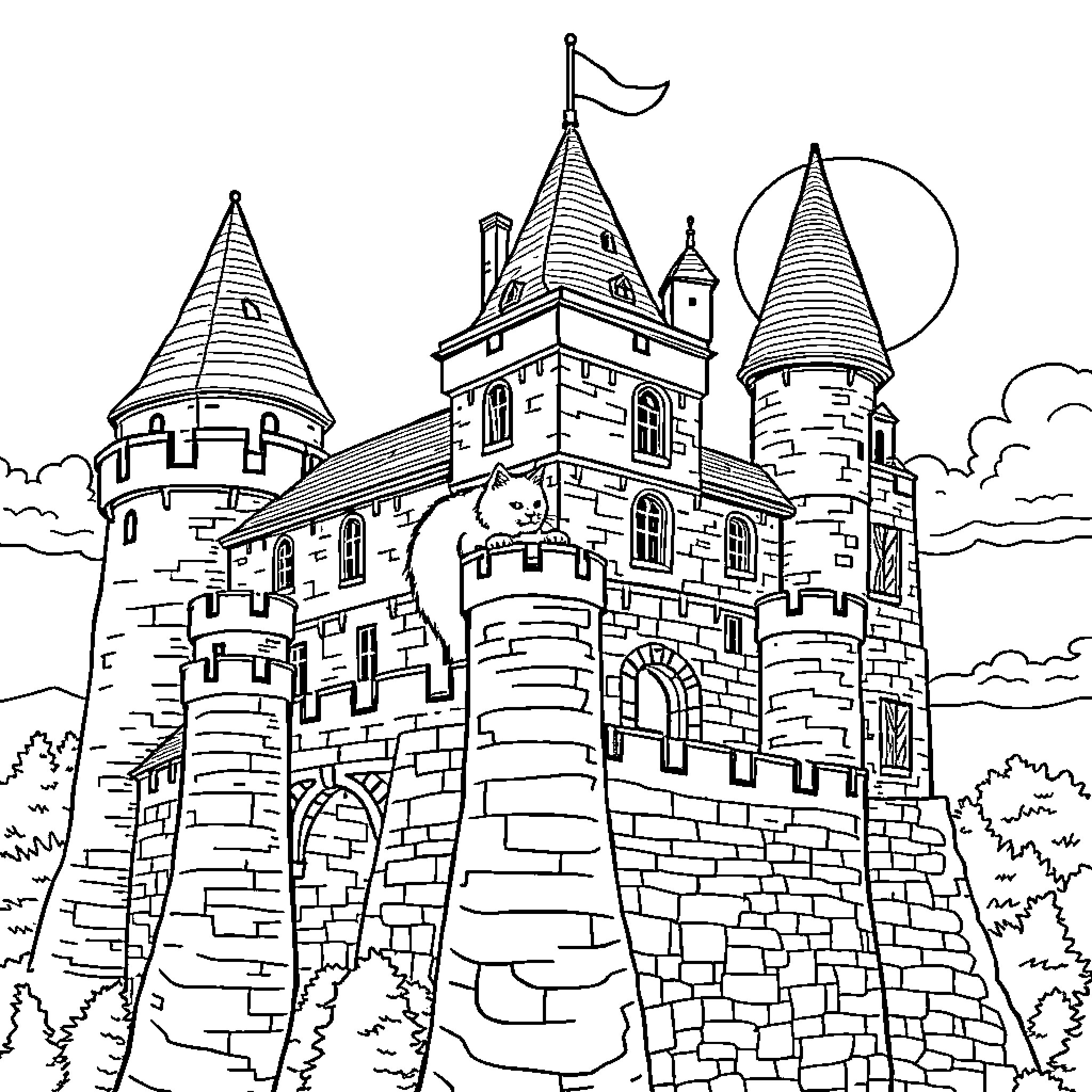 Cat Castle Surrounded by Towers and Turrets Coloring Page (free black-and-white line drawing printable PDF for all, from beginners to advanced learners, including children, teens, adults, and seniors)
