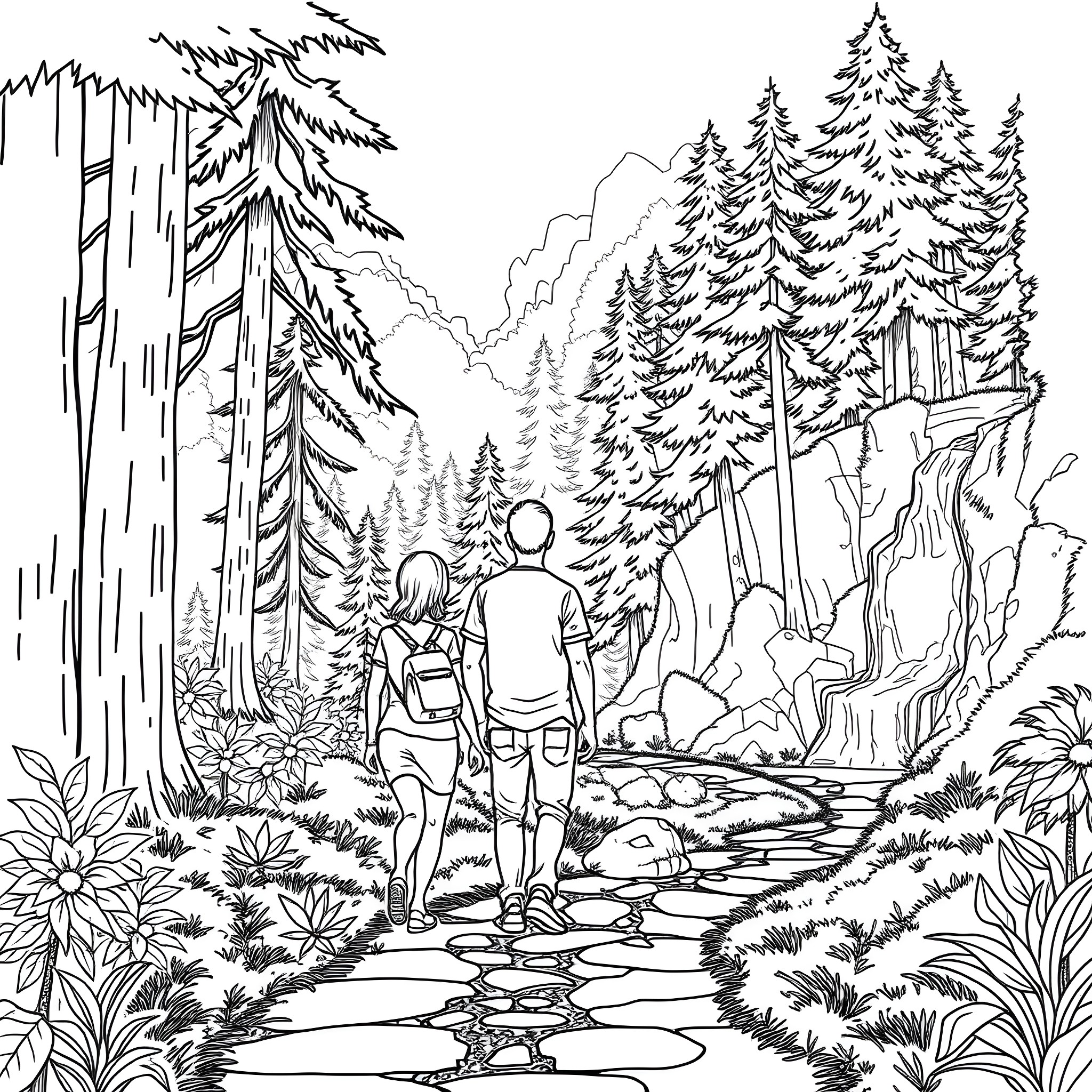 Family hiking through the serene forest Coloring Page (free black-and-white line drawing printable PDF for all, from beginners to advanced learners, including children, teens, adults, and seniors)