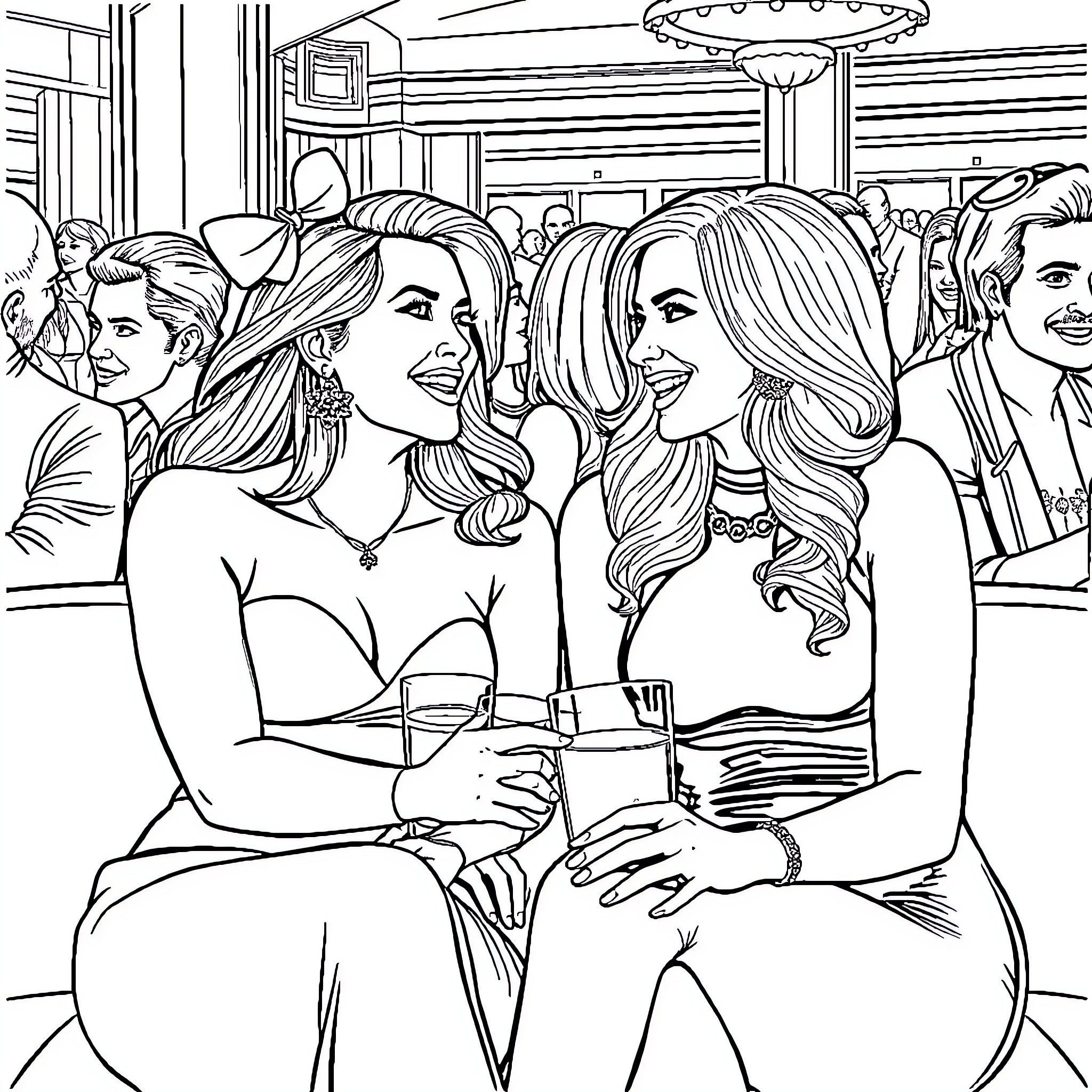 Bonnie Blue Enjoying the Night Out with Friends Coloring Page (free black-and-white line drawing printable PDF for all, from beginners to advanced learners, including children, teens, adults, and seniors)