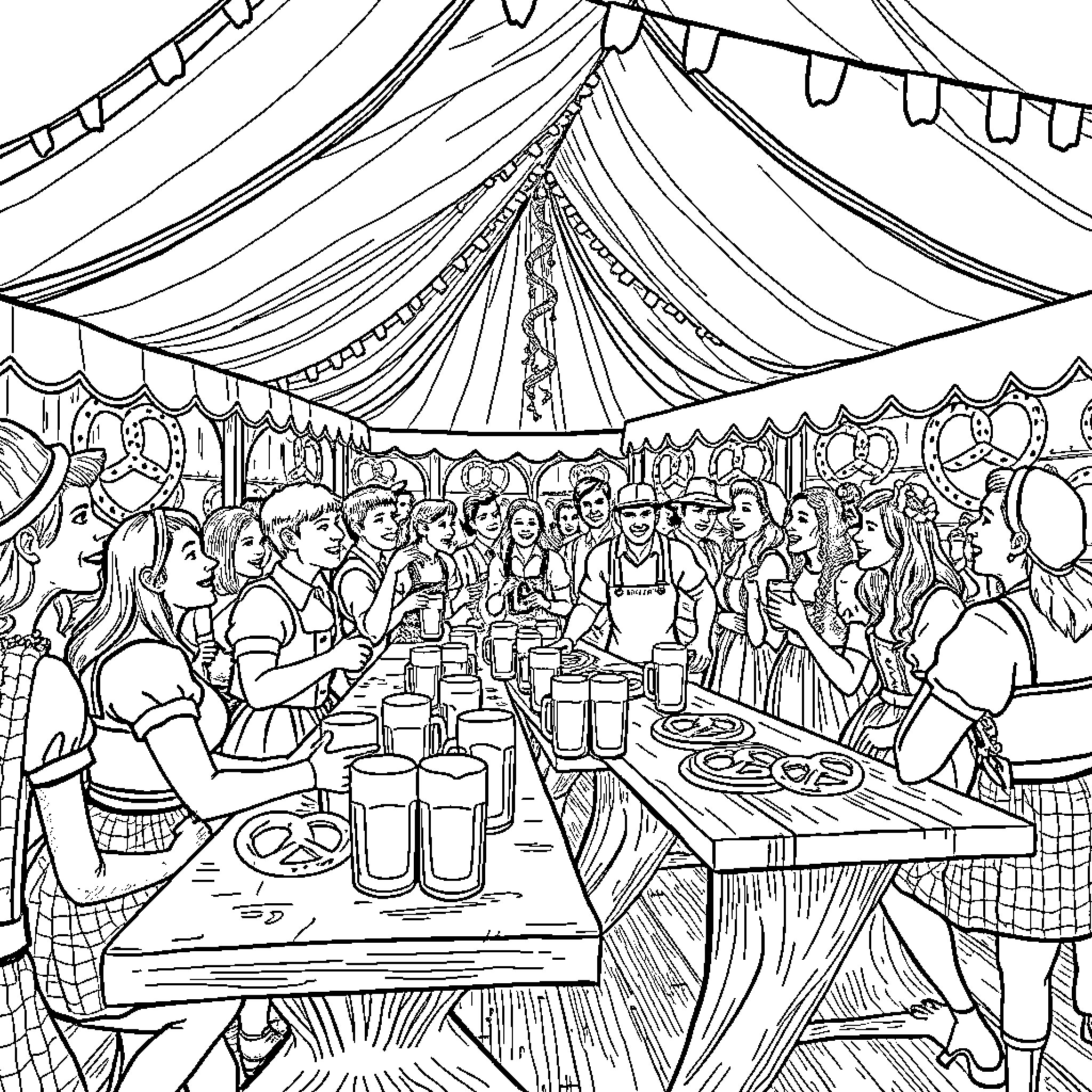 Oktoberfest celebration with lively crowd, food, and festive decorations Coloring Page (free black-and-white line drawing printable PDF for all, from beginners to advanced learners, including children, teens, adults, and seniors)