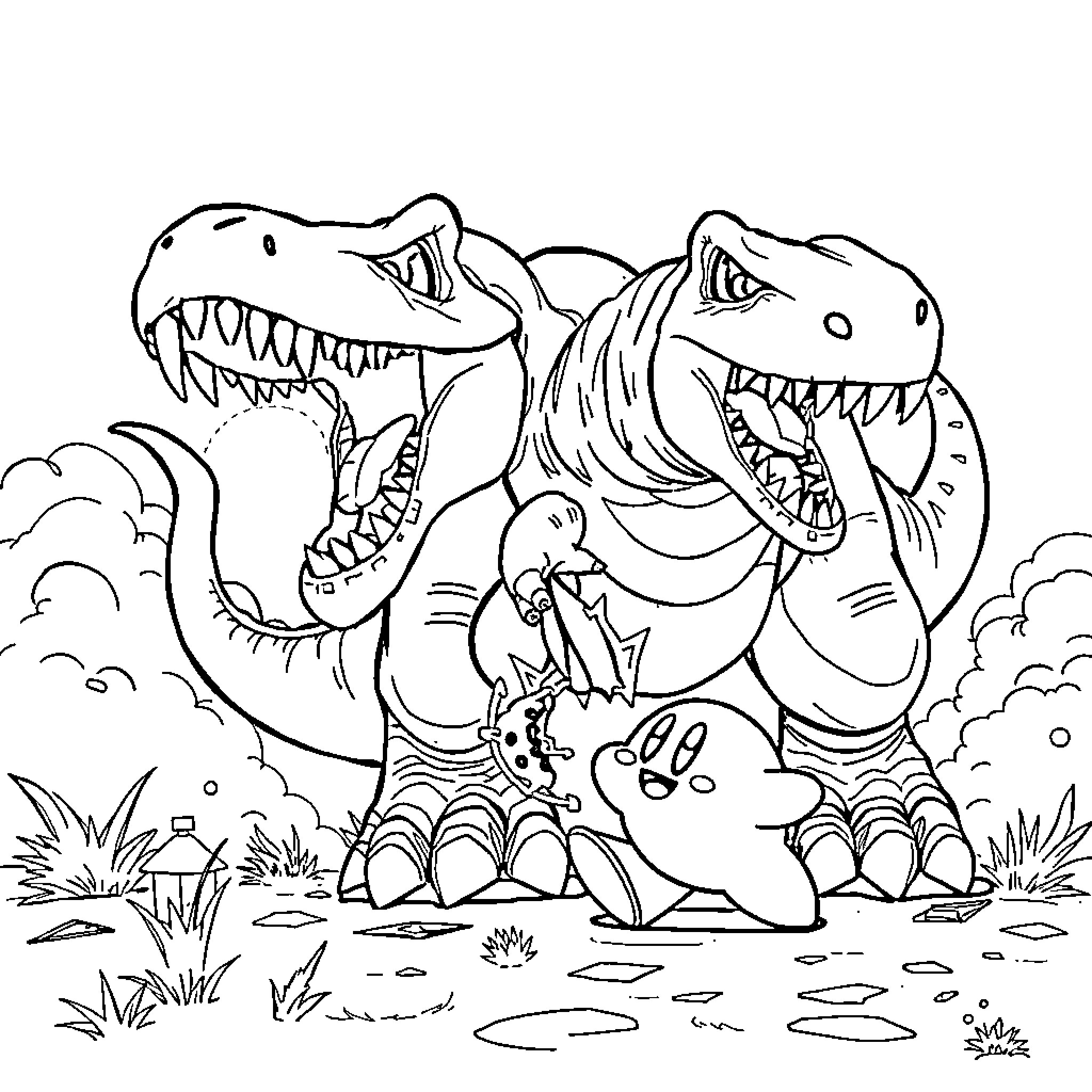 T-Rex Duo Battling in Prehistoric Landscape Coloring Page (free black-and-white line drawing printable PDF for all, from beginners to advanced learners, including children, teens, adults, and seniors)