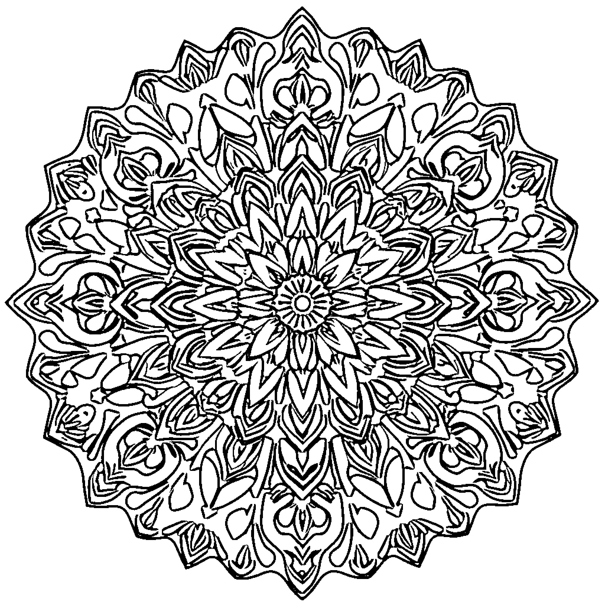 Mandala of intricate floral patterns and designs Coloring Page (free black-and-white line drawing printable PDF for all, from beginners to advanced learners, including children, teens, adults, and seniors)