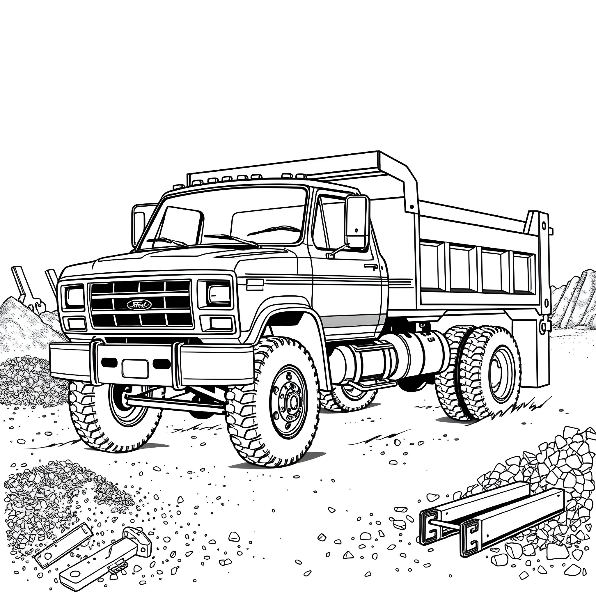 Ford Dually truck hauling construction materials on rocky terrain Coloring Page (free black-and-white line drawing printable PDF for all, from beginners to advanced learners, including children, teens, adults, and seniors)
