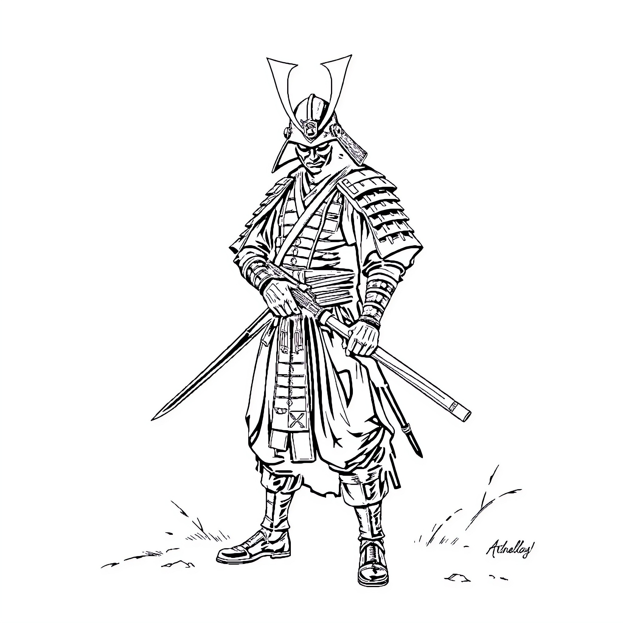 Samurai Warrior in Defensive Stance Coloring Page (free black-and-white line drawing printable PDF for all, from beginners to advanced learners, including children, teens, adults, and seniors)