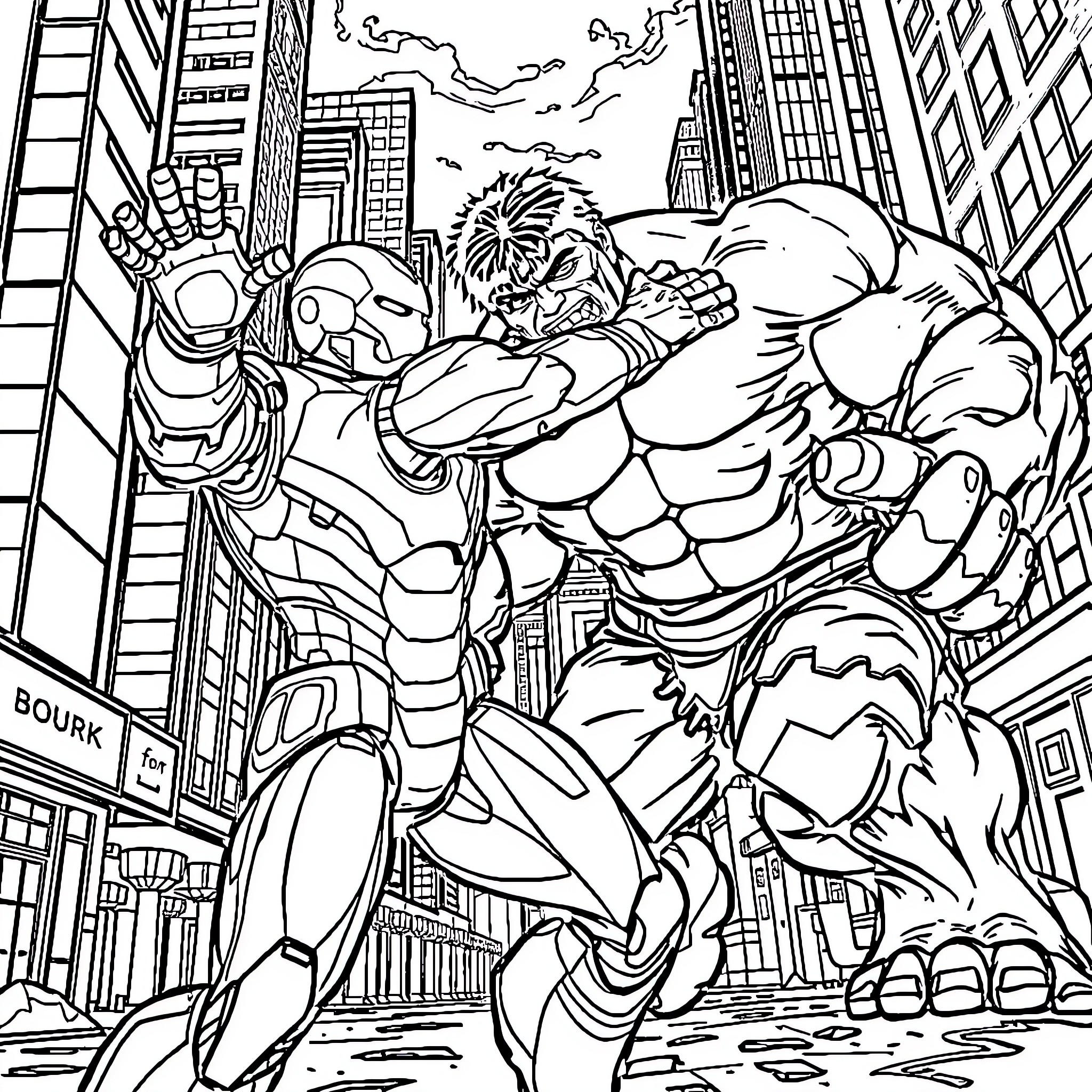 Iron Man's Heroic Clash with a Powerful Foe in the City Coloring Page (free black-and-white line drawing printable PDF for all, from beginners to advanced learners, including children, teens, adults, and seniors)