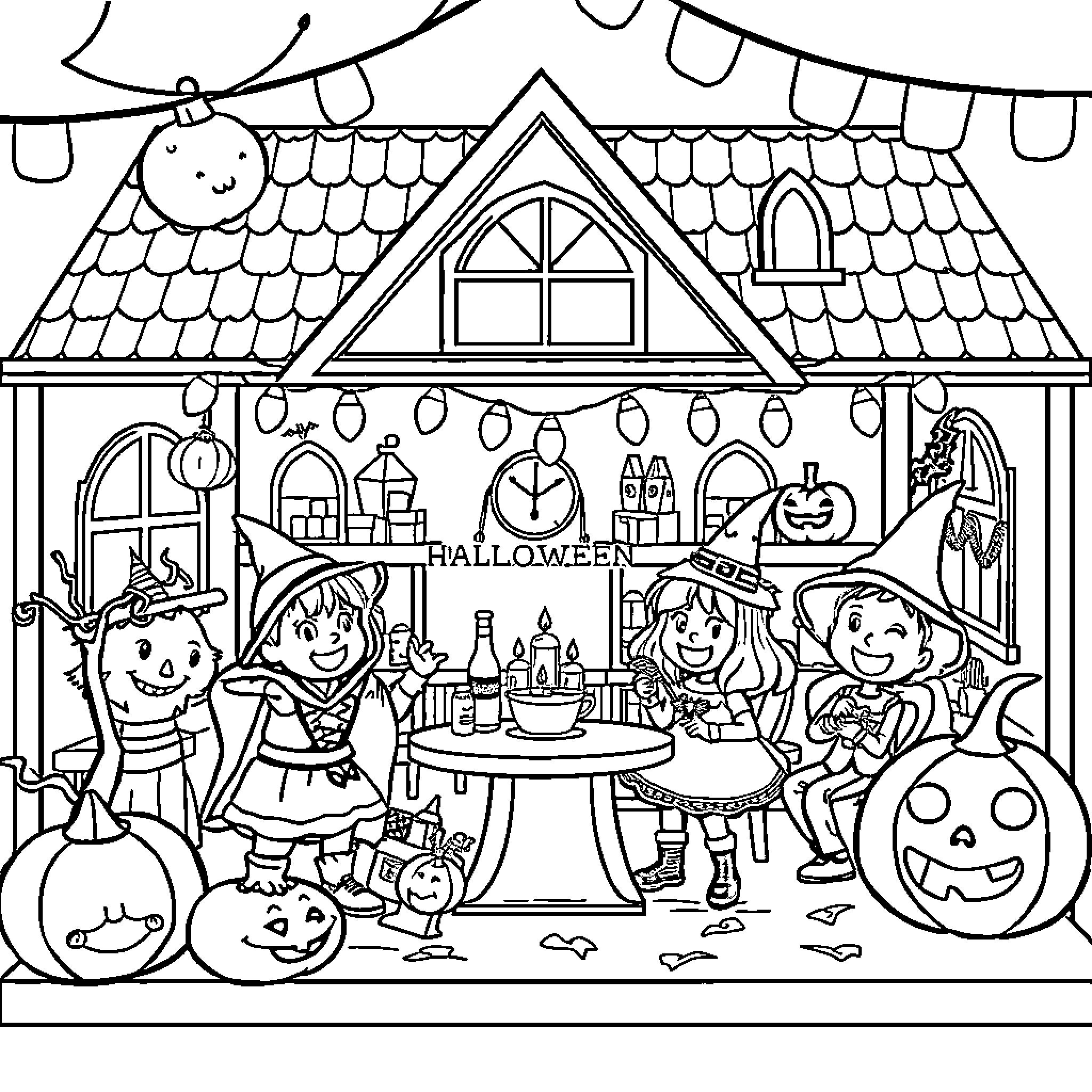 Gabby's Halloween Party at the Decorated Cottage Coloring Page (free black-and-white line drawing printable PDF for all, from beginners to advanced learners, including children, teens, adults, and seniors)