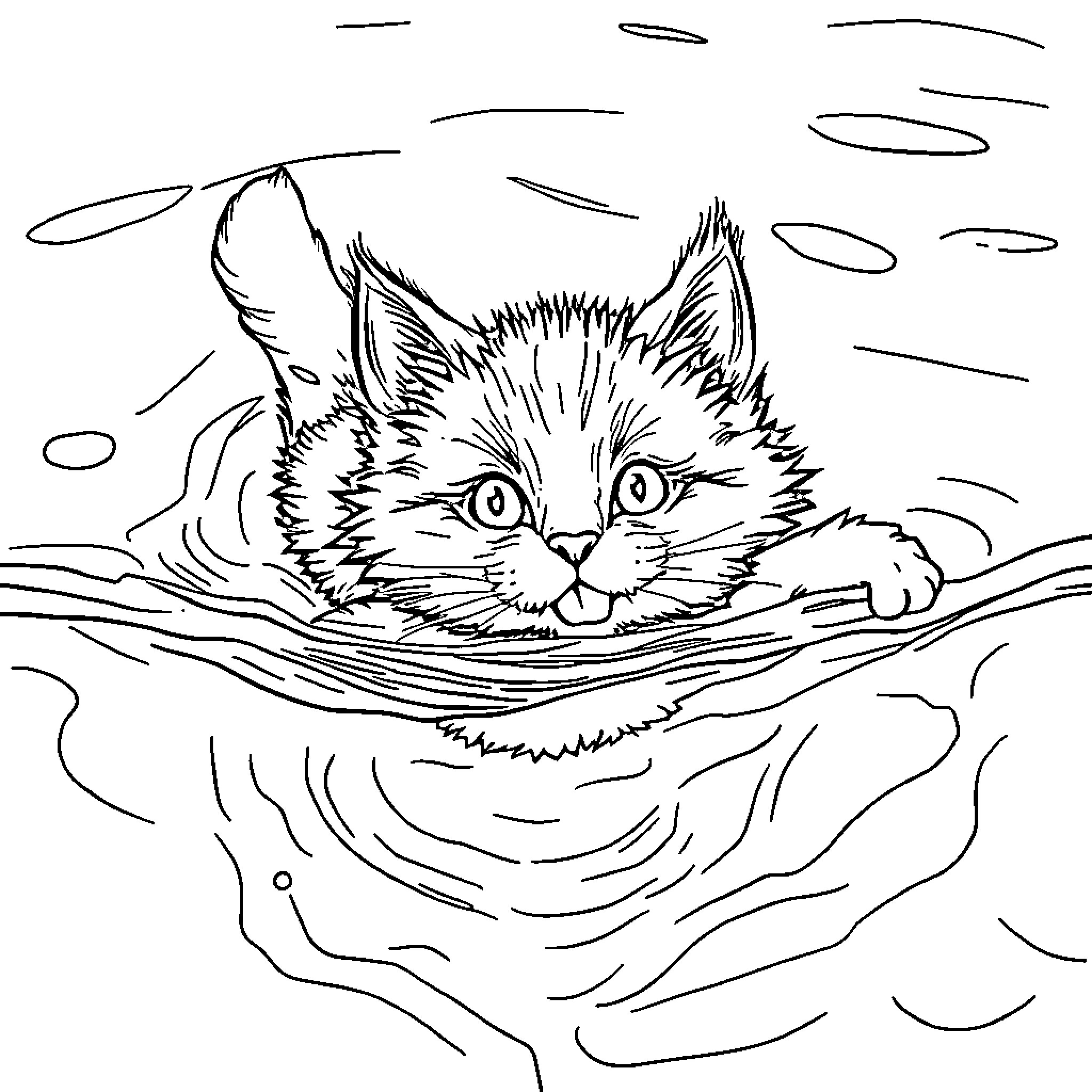 Cat peeking curiously from a basket Coloring Page (free black-and-white line drawing printable PDF for all, from beginners to advanced learners, including children, teens, adults, and seniors)