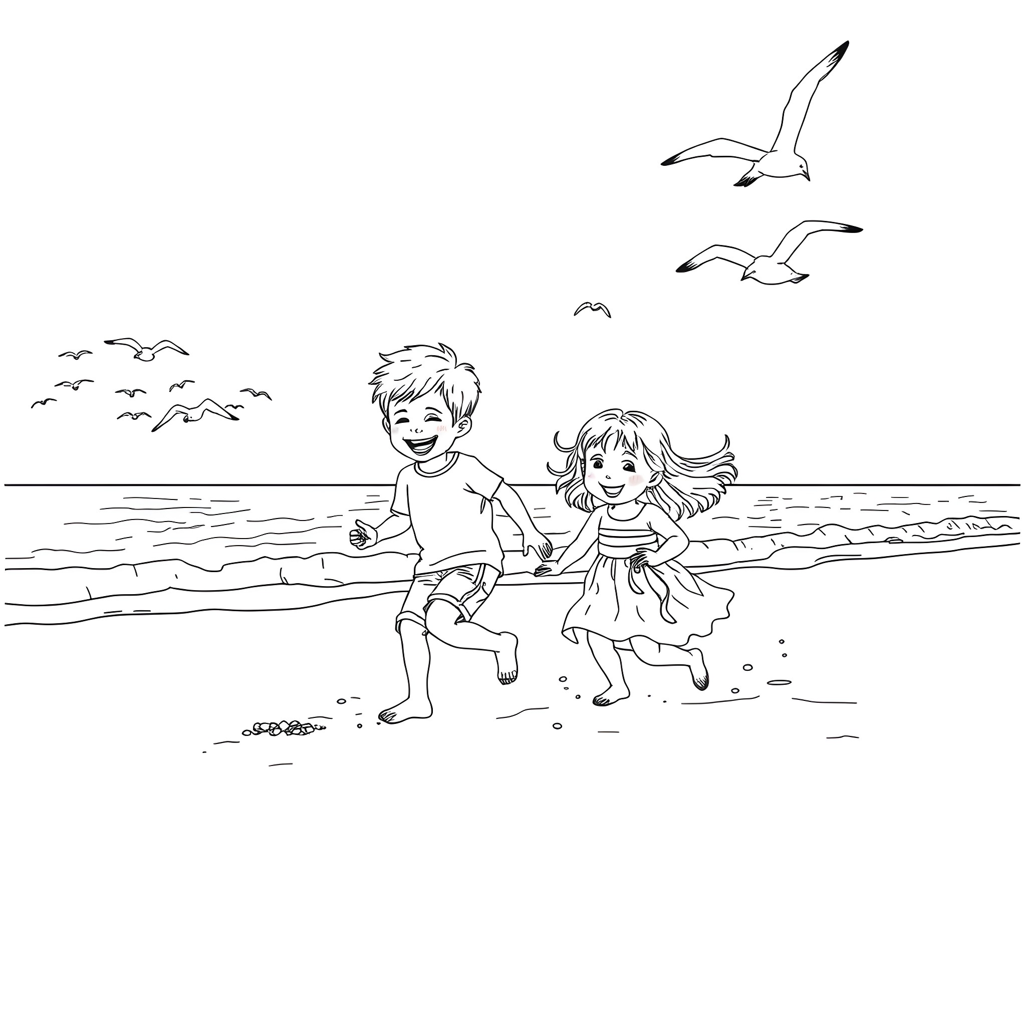 Child playing joyfully on the beach with seagulls Coloring Page (free black-and-white line drawing printable PDF for all, from beginners to advanced learners, including children, teens, adults, and seniors)