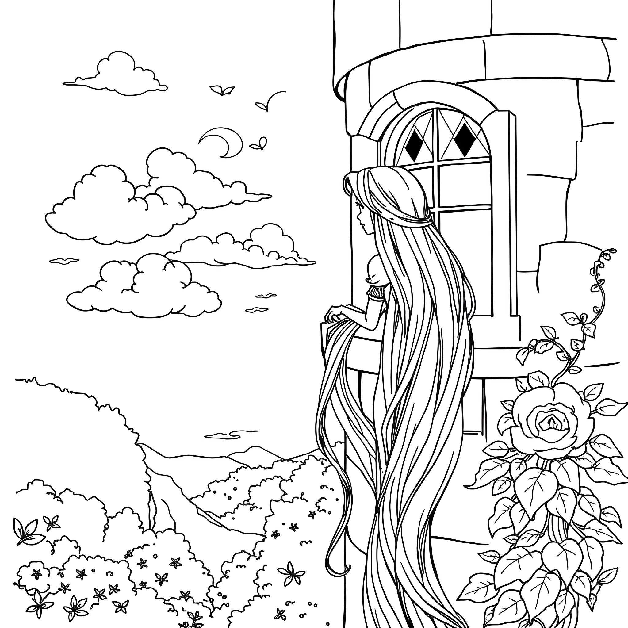 Rapunzel looking out from her tower window Coloring Page (free black-and-white line drawing printable PDF for all, from beginners to advanced learners, including children, teens, adults, and seniors)