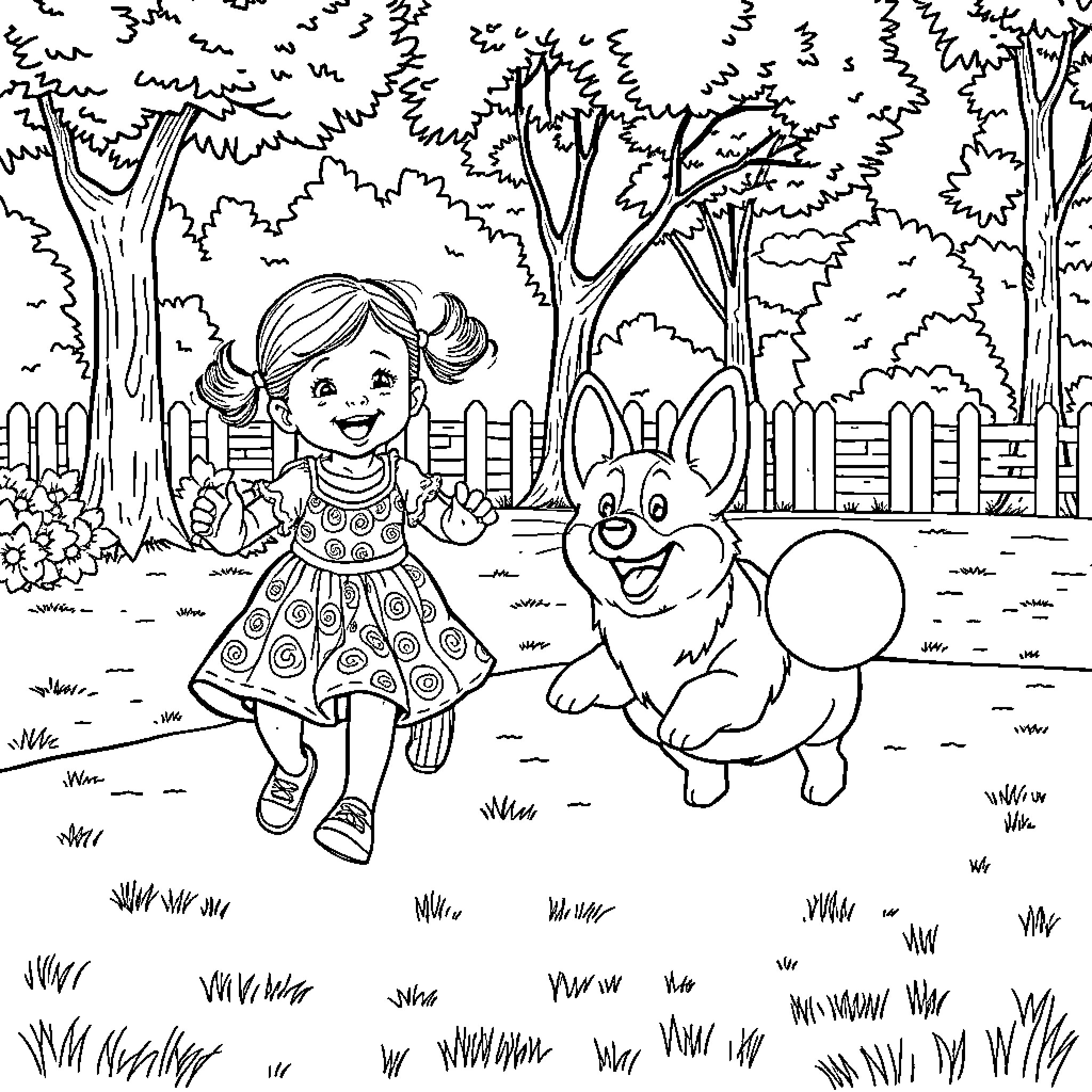 Corgi and girl playing in the backyard Coloring Page (free black-and-white line drawing printable PDF for all, from beginners to advanced learners, including children, teens, adults, and seniors)