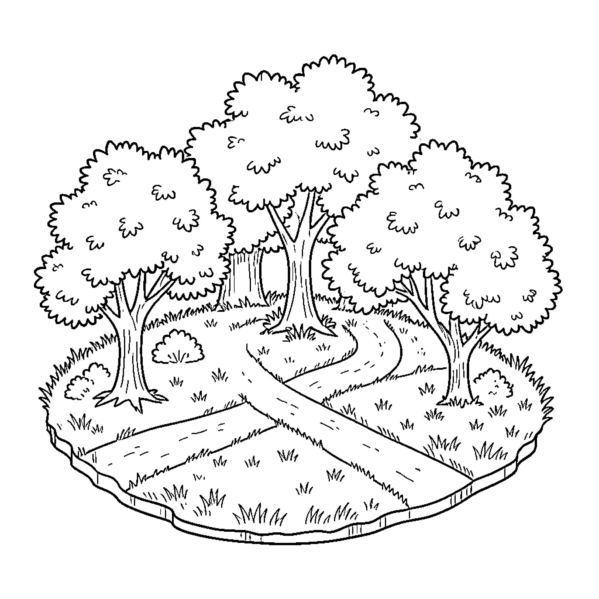 Island featuring a winding path through lush trees Coloring Page (free black-and-white line drawing printable PDF for all, from beginners to advanced learners, including children, teens, adults, and seniors)