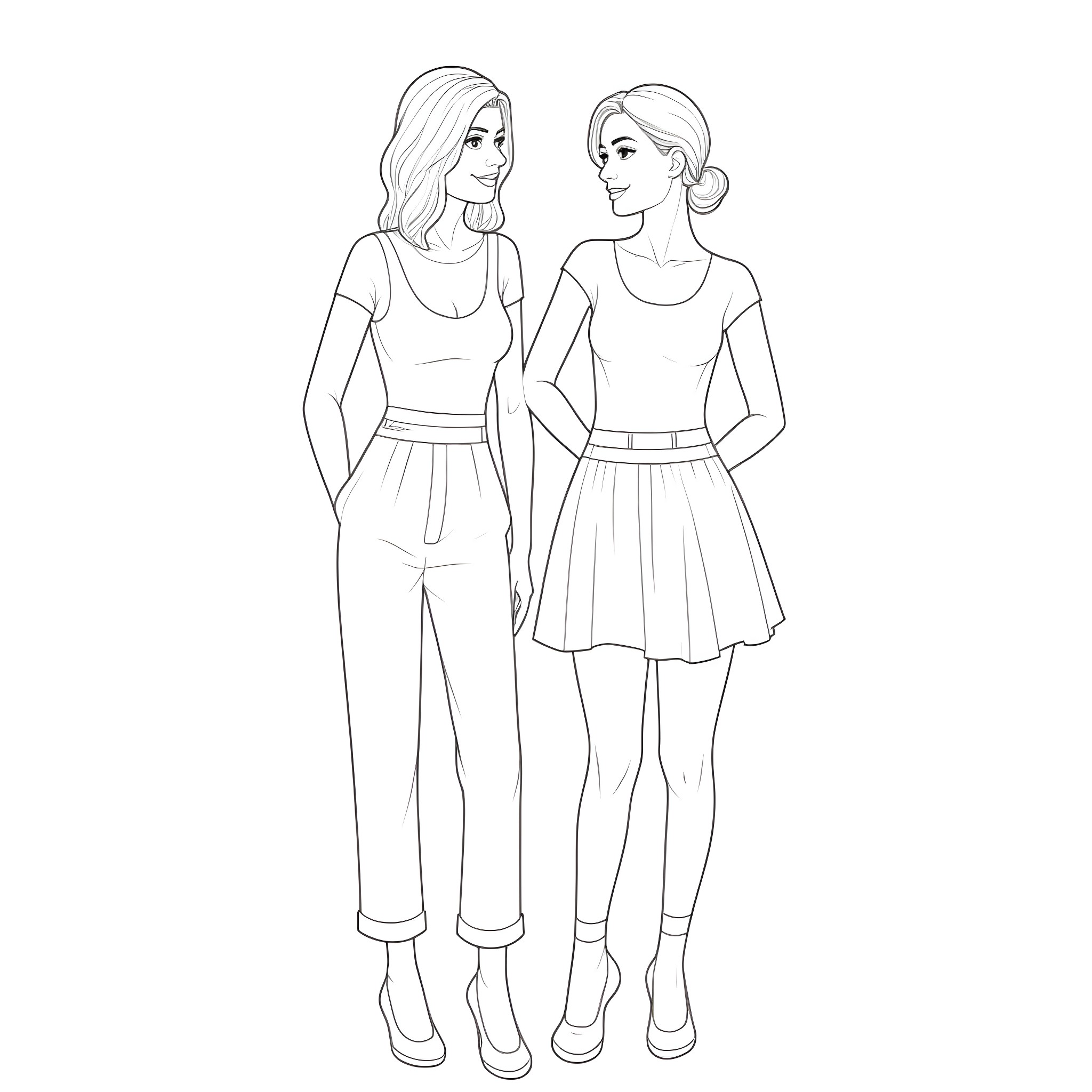 Women in fashionable outfits standing together Coloring Page (free black-and-white line drawing printable PDF for all, from beginners to advanced learners, including children, teens, adults, and seniors)
