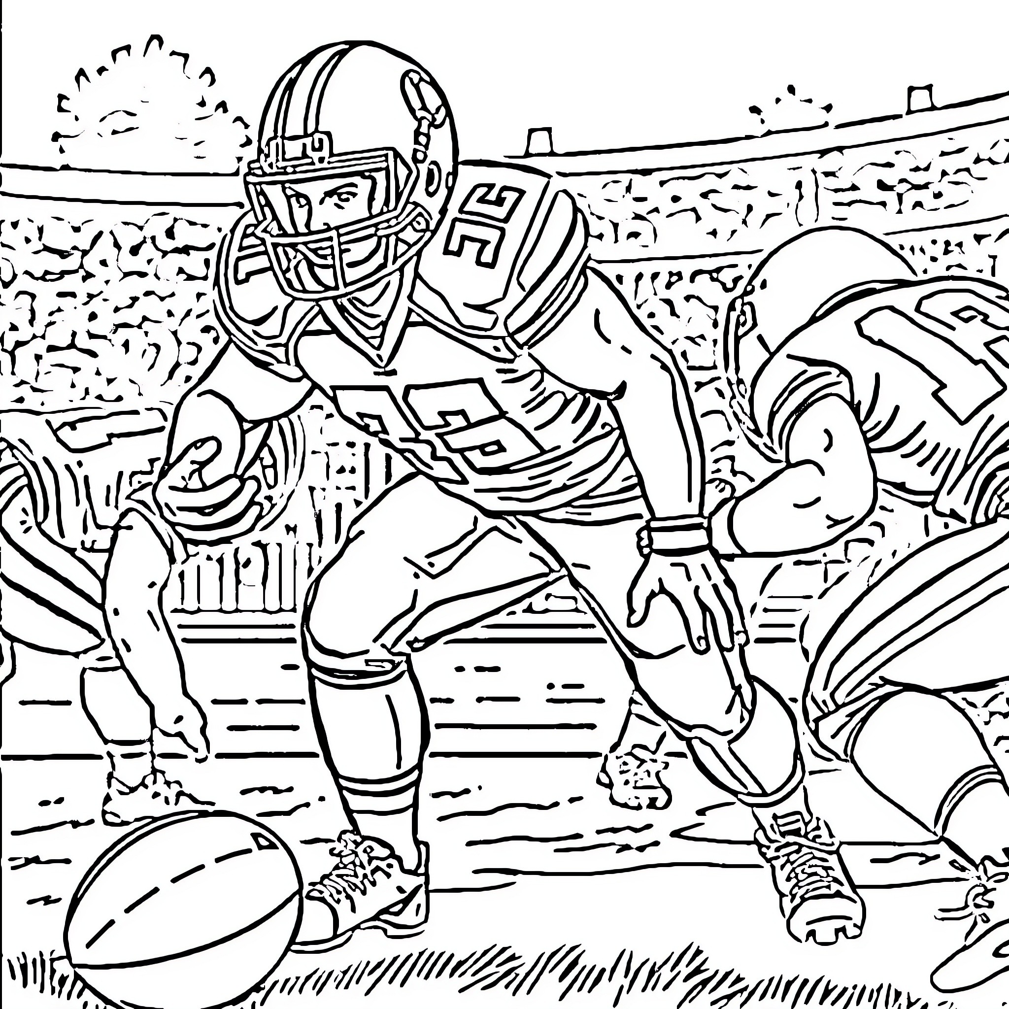 Football Player in Dynamic Tackle on Field Coloring Page (free black-and-white line drawing printable PDF for all, from beginners to advanced learners, including children, teens, adults, and seniors)