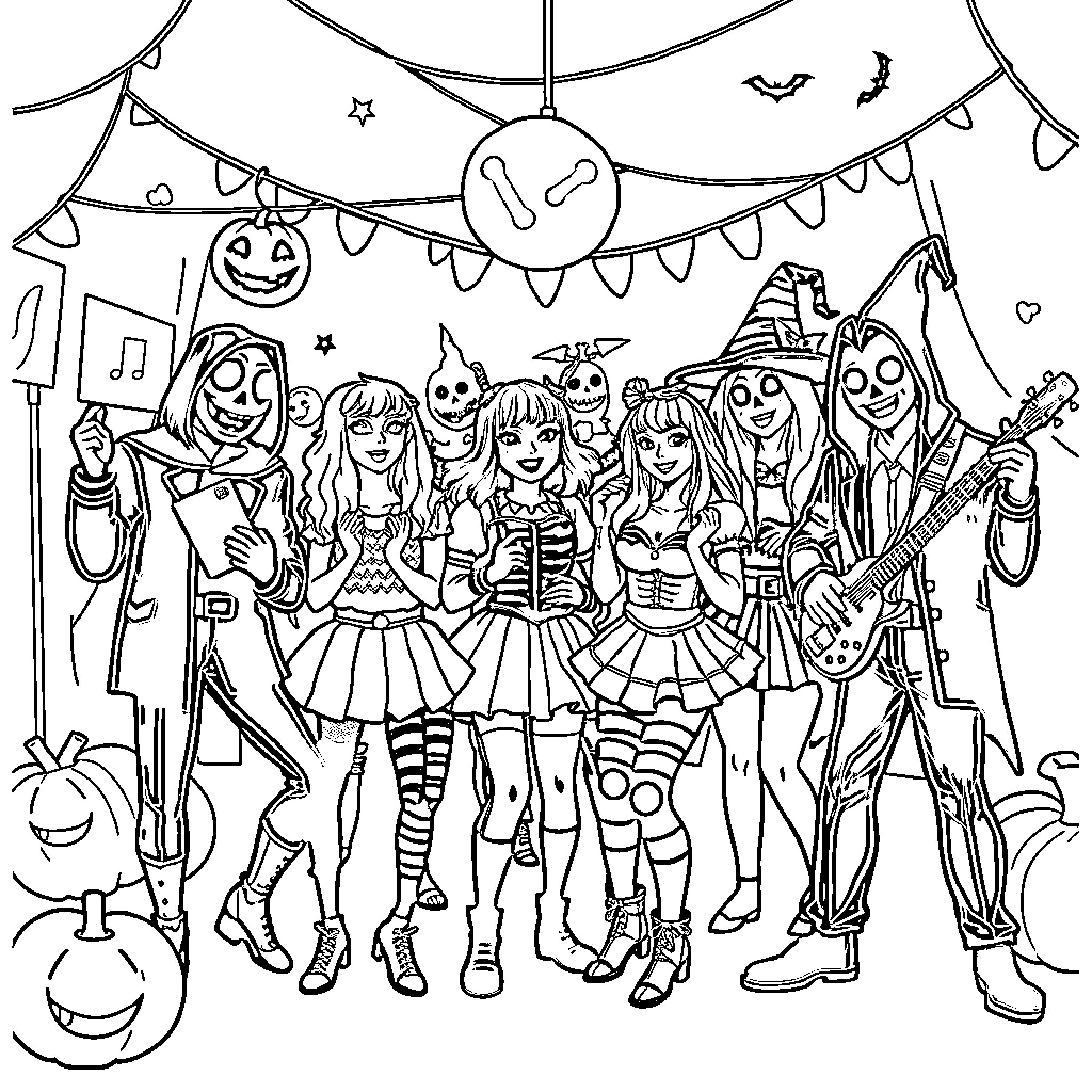 Halloween Party with Costumed Characters Coloring Page (free black-and-white line drawing printable PDF for all, from beginners to advanced learners, including children, teens, adults, and seniors)