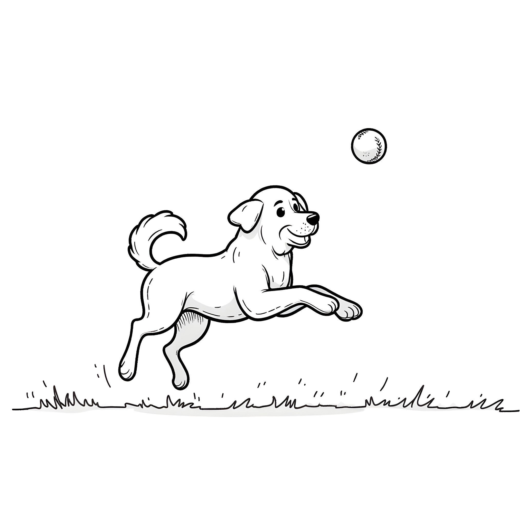 Dog playing with ball in the field Coloring Page (free black-and-white line drawing printable PDF for all, from beginners to advanced learners, including children, teens, adults, and seniors)