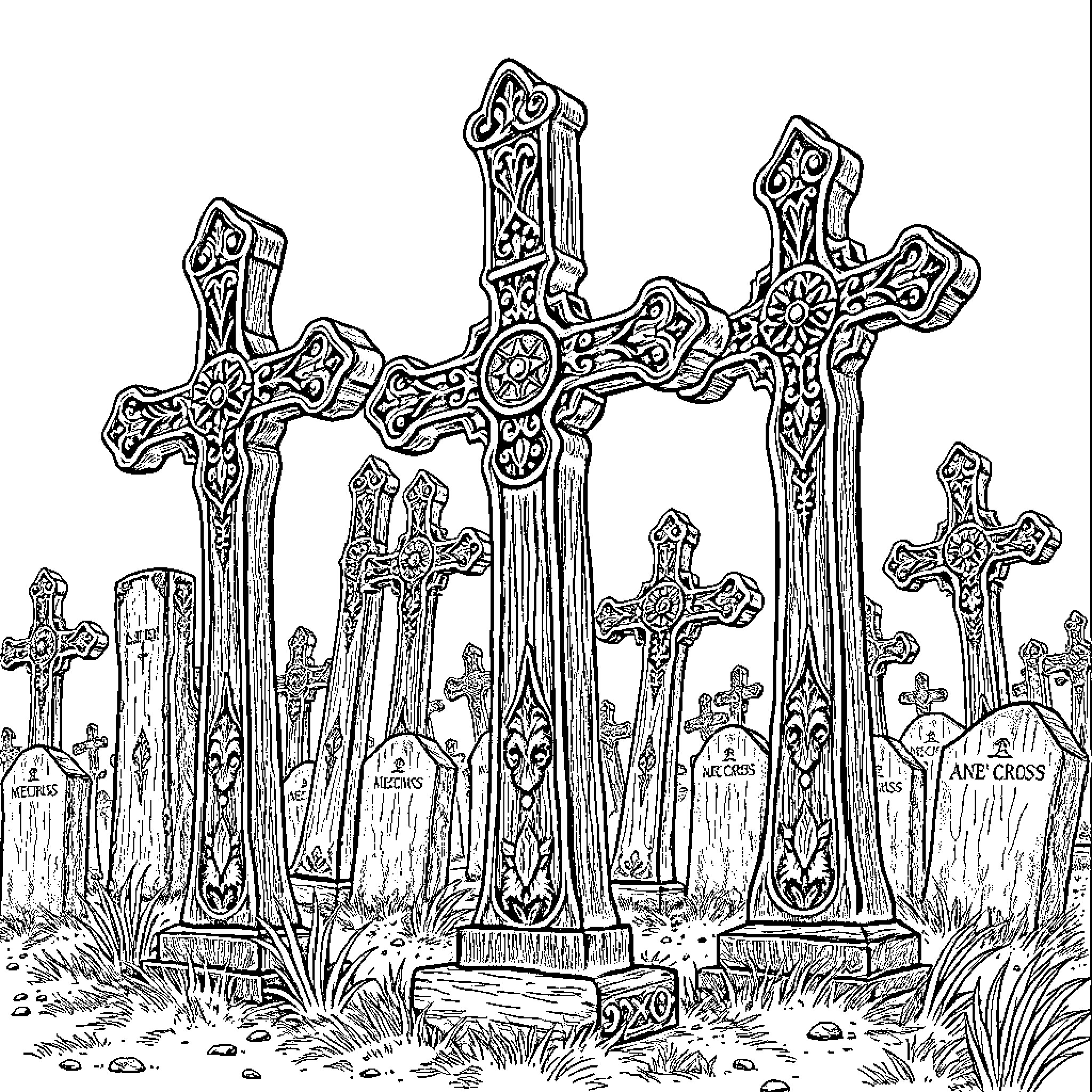 Medieval Cross: Ornate Crosses in Graveyard Coloring Page (free black-and-white line drawing printable PDF for all, from beginners to advanced learners, including children, teens, adults, and seniors)