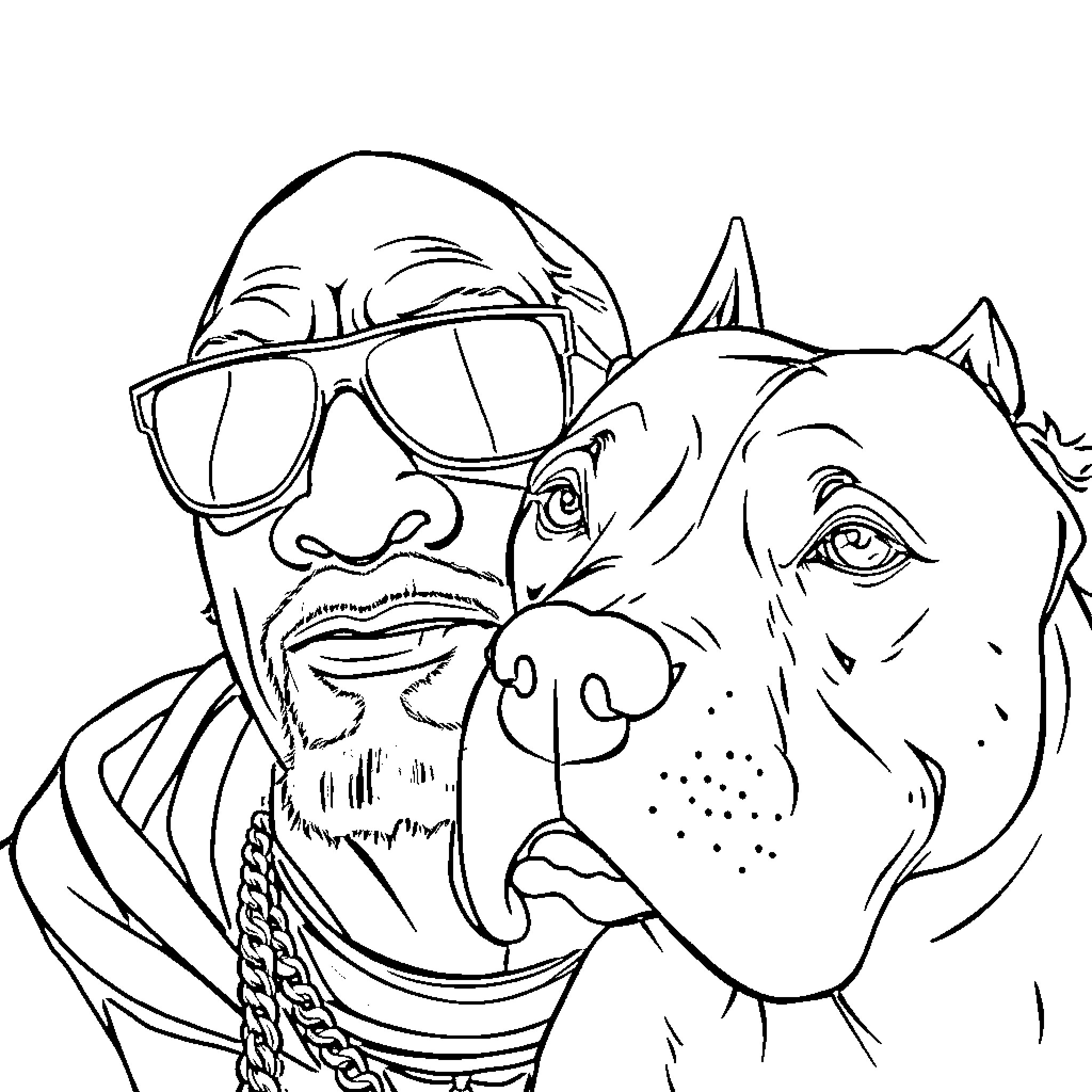 Pitbull with Glasses and Accessories Posing Coloring Page (free black-and-white line drawing printable PDF for all, from beginners to advanced learners, including children, teens, adults, and seniors)