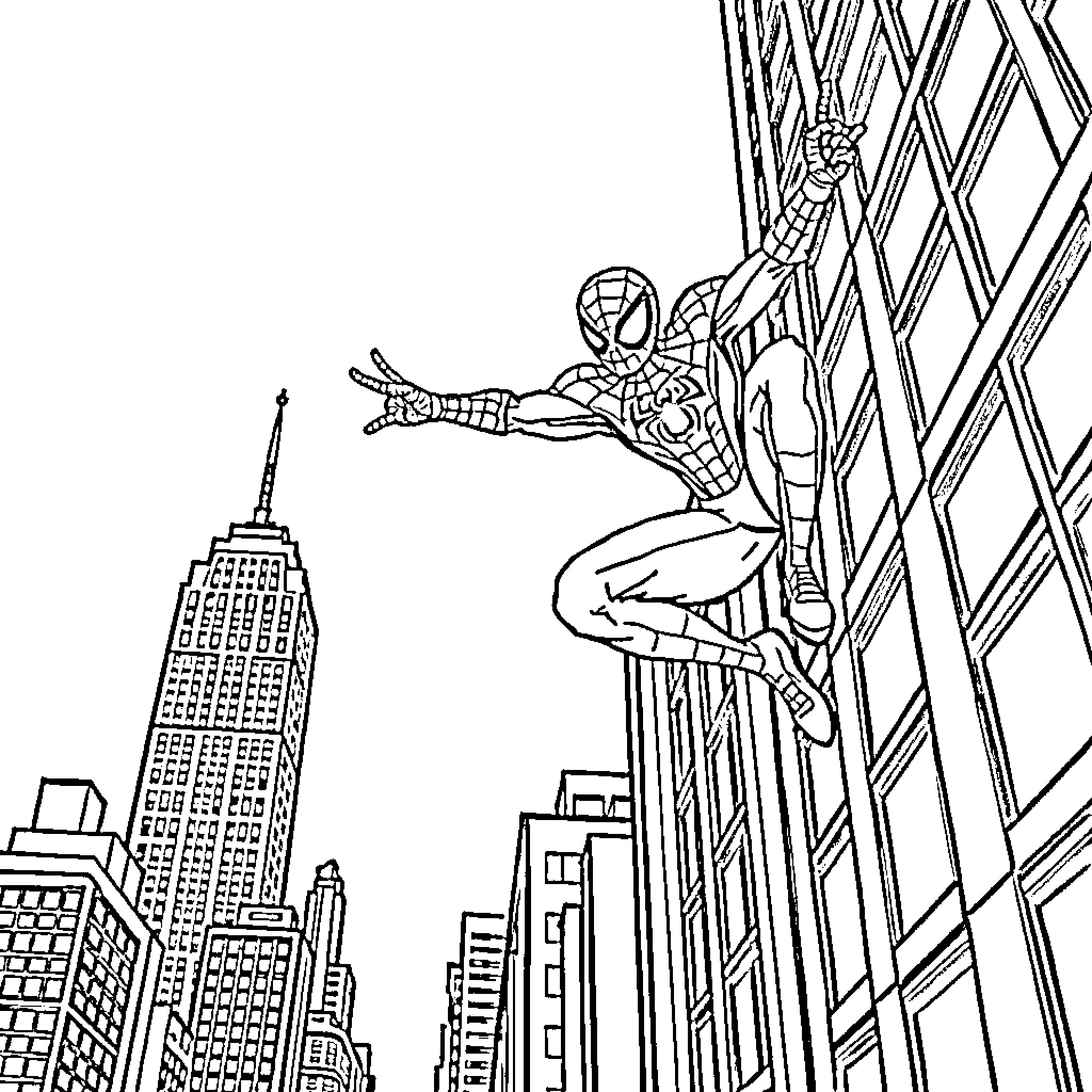 Spidy swinging through the cityscape Coloring Page (free black-and-white line drawing printable PDF for all, from beginners to advanced learners, including children, teens, adults, and seniors)