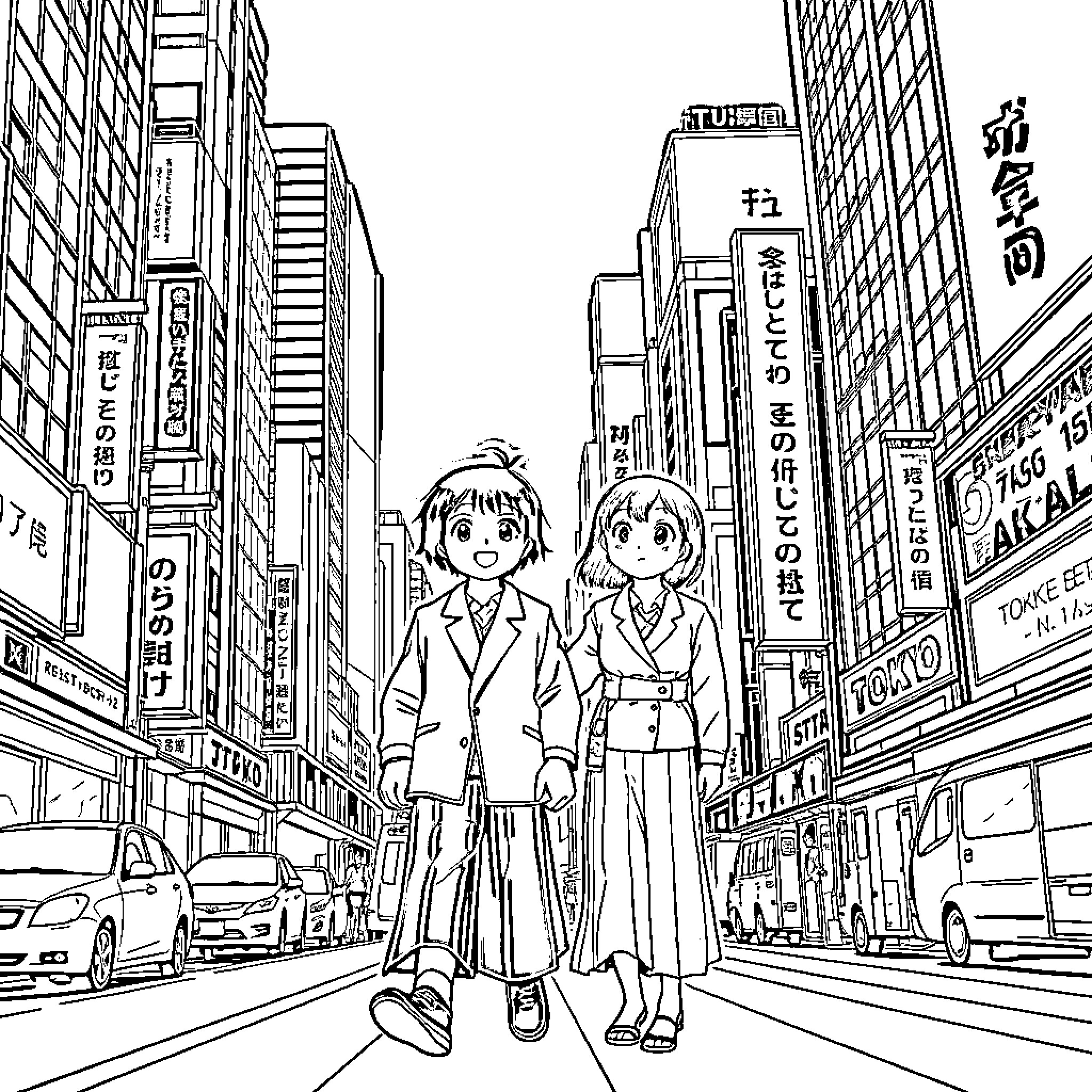 Zenitsu and friend explore the bustling city streets Coloring Page (free black-and-white line drawing printable PDF for all, from beginners to advanced learners, including children, teens, adults, and seniors)