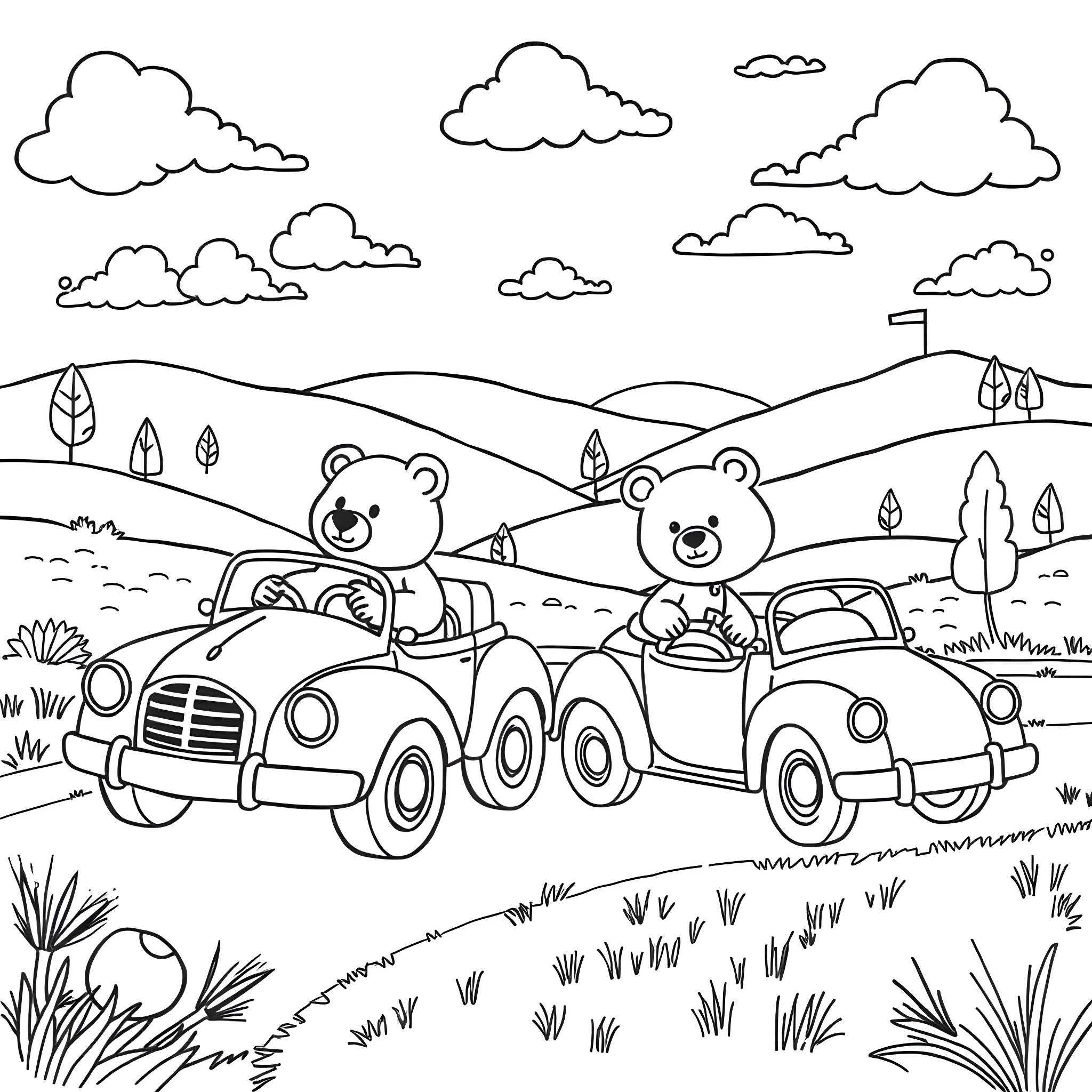 Care Bears driving retro cars in scenic countryside Coloring Page (free black-and-white line drawing printable PDF for all, from beginners to advanced learners, including children, teens, adults, and seniors)