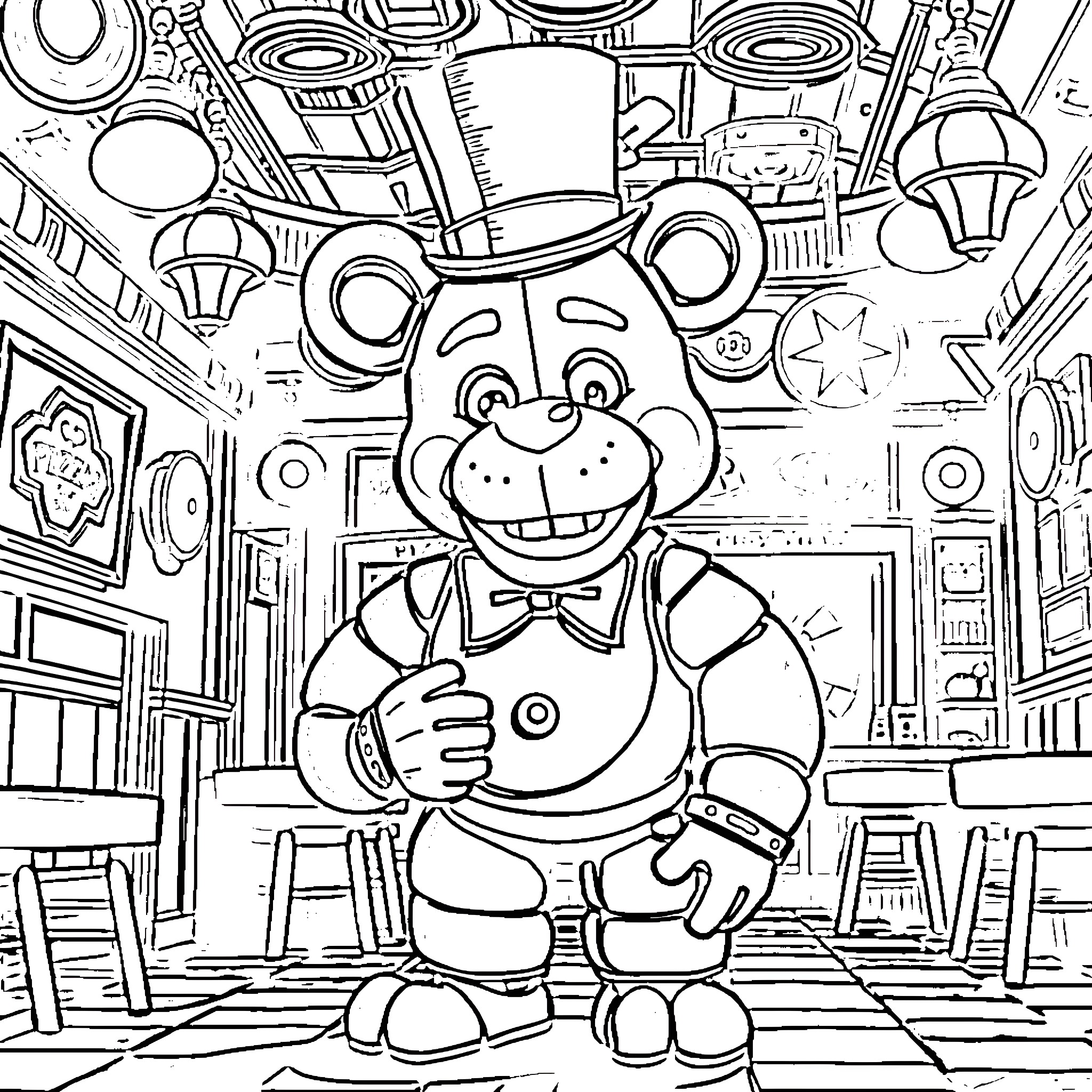 Freddy Frazbear's Freaky Fun Filled Festivities Coloring Page (free black-and-white line drawing printable PDF for all, from beginners to advanced learners, including children, teens, adults, and seniors)