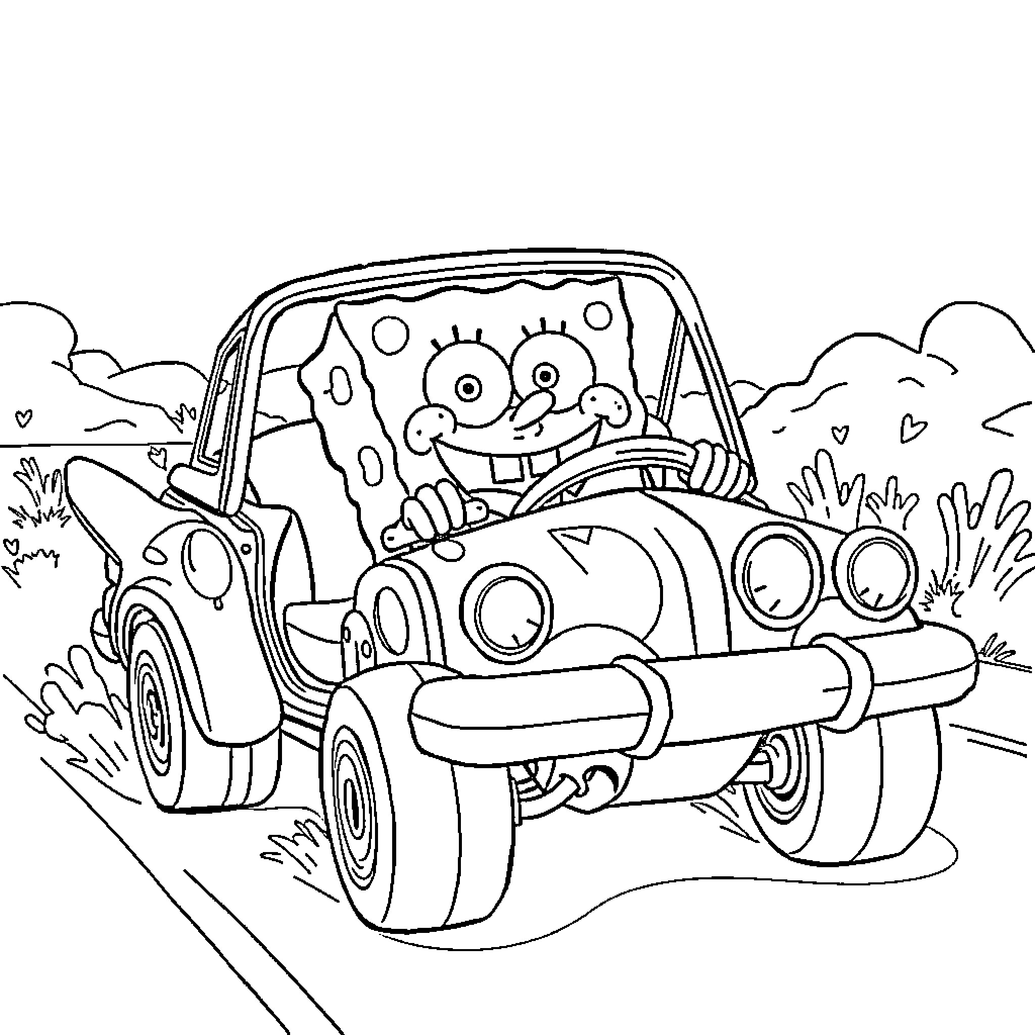 Spongebob Driving a Wacky Vehicle Coloring Page (free black-and-white line drawing printable PDF for all, from beginners to advanced learners, including children, teens, adults, and seniors)