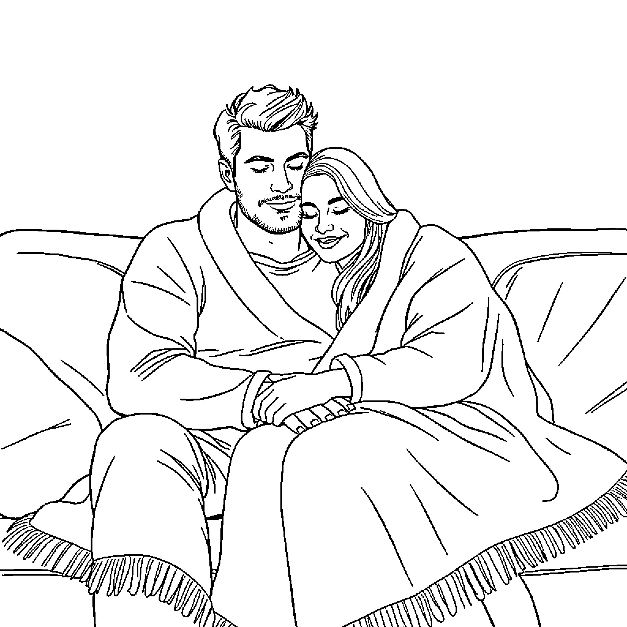 Couple cuddling on a blanket in the park Coloring Page (free black-and-white line drawing printable PDF for all, from beginners to advanced learners, including children, teens, adults, and seniors)
