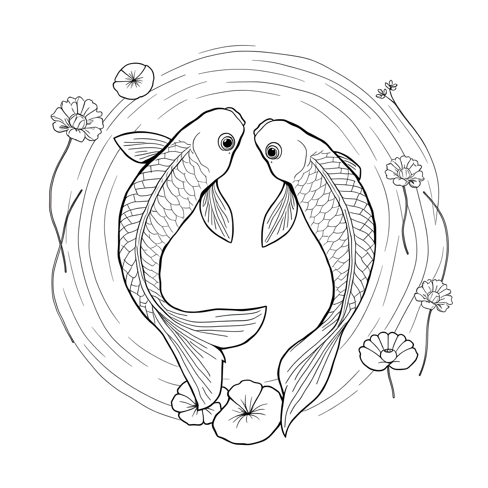 Koi Fish Swimming Playfully with Floral Accents Coloring Page (free black-and-white line drawing printable PDF for all, from beginners to advanced learners, including children, teens, adults, and seniors)
