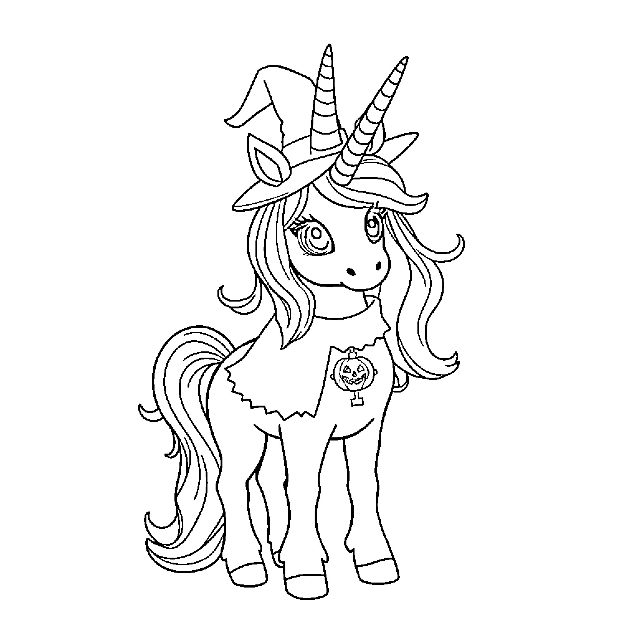 Unicorn with pumpkin outfit standing tall Coloring Page (free black-and-white line drawing printable PDF for all, from beginners to advanced learners, including children, teens, adults, and seniors)