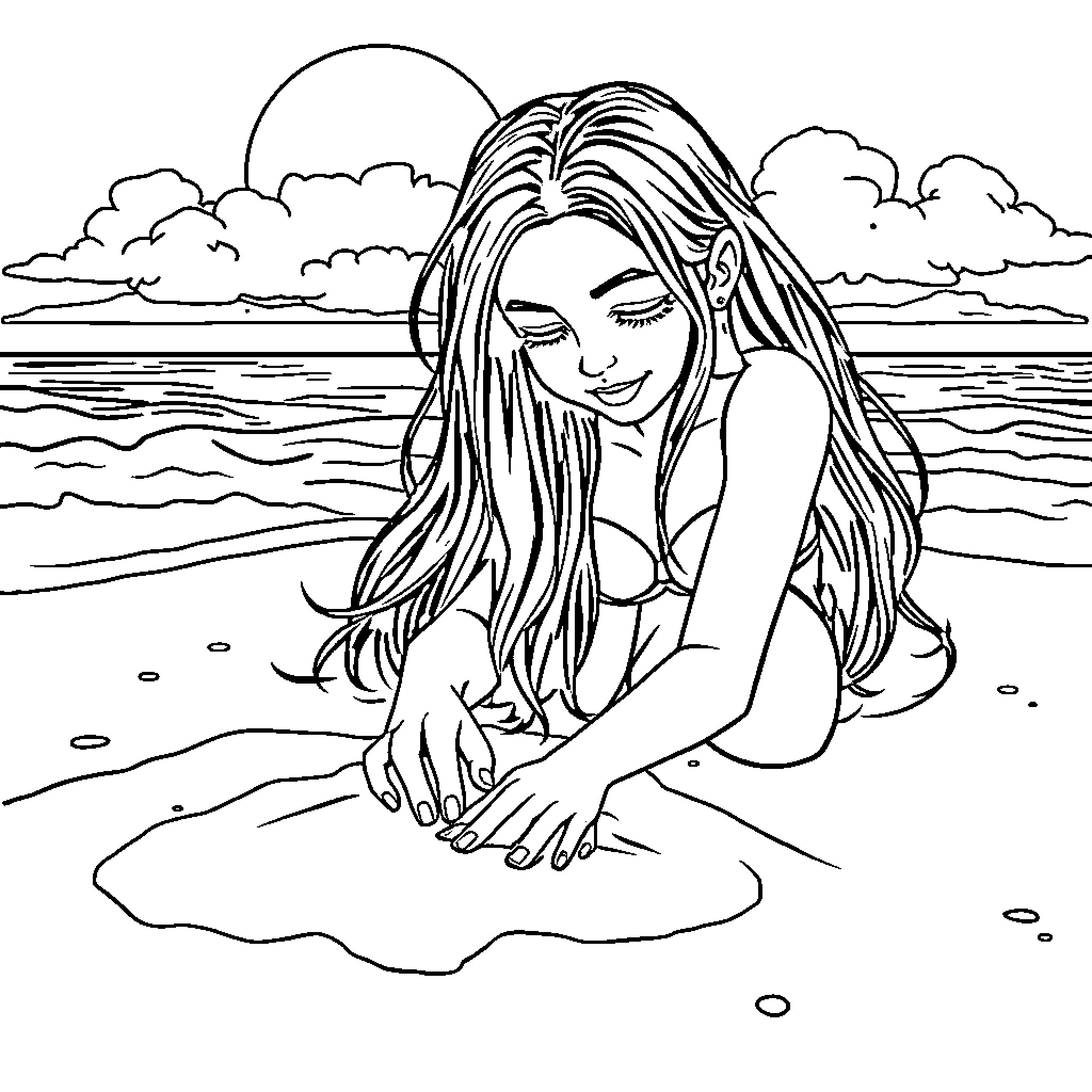 Melina enjoying the serene beach Coloring Page (free black-and-white line drawing printable PDF for all, from beginners to advanced learners, including children, teens, adults, and seniors)