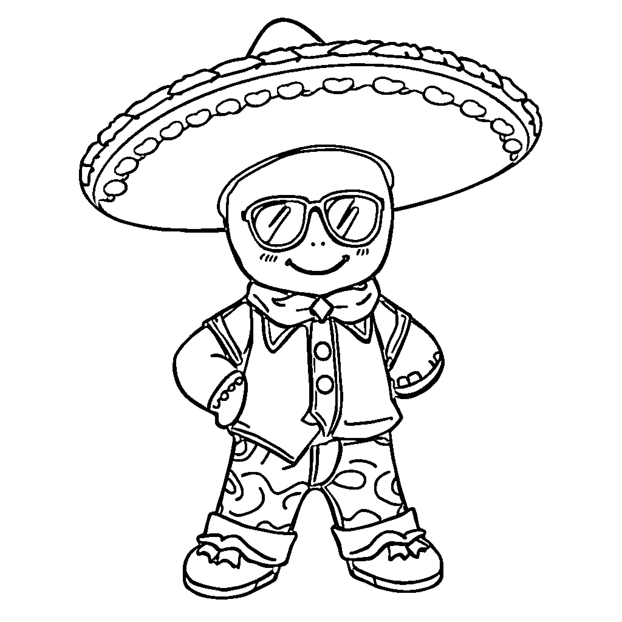Gingerbread Man wearing a sombrero and glasses Coloring Page (free black-and-white line drawing printable PDF for all, from beginners to advanced learners, including children, teens, adults, and seniors)
