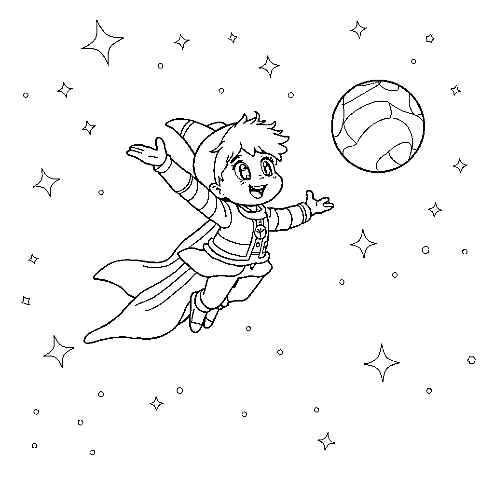 Dandy boy soaring through the starry night Coloring Page (free black-and-white line drawing printable PDF for all, from beginners to advanced learners, including children, teens, adults, and seniors)
