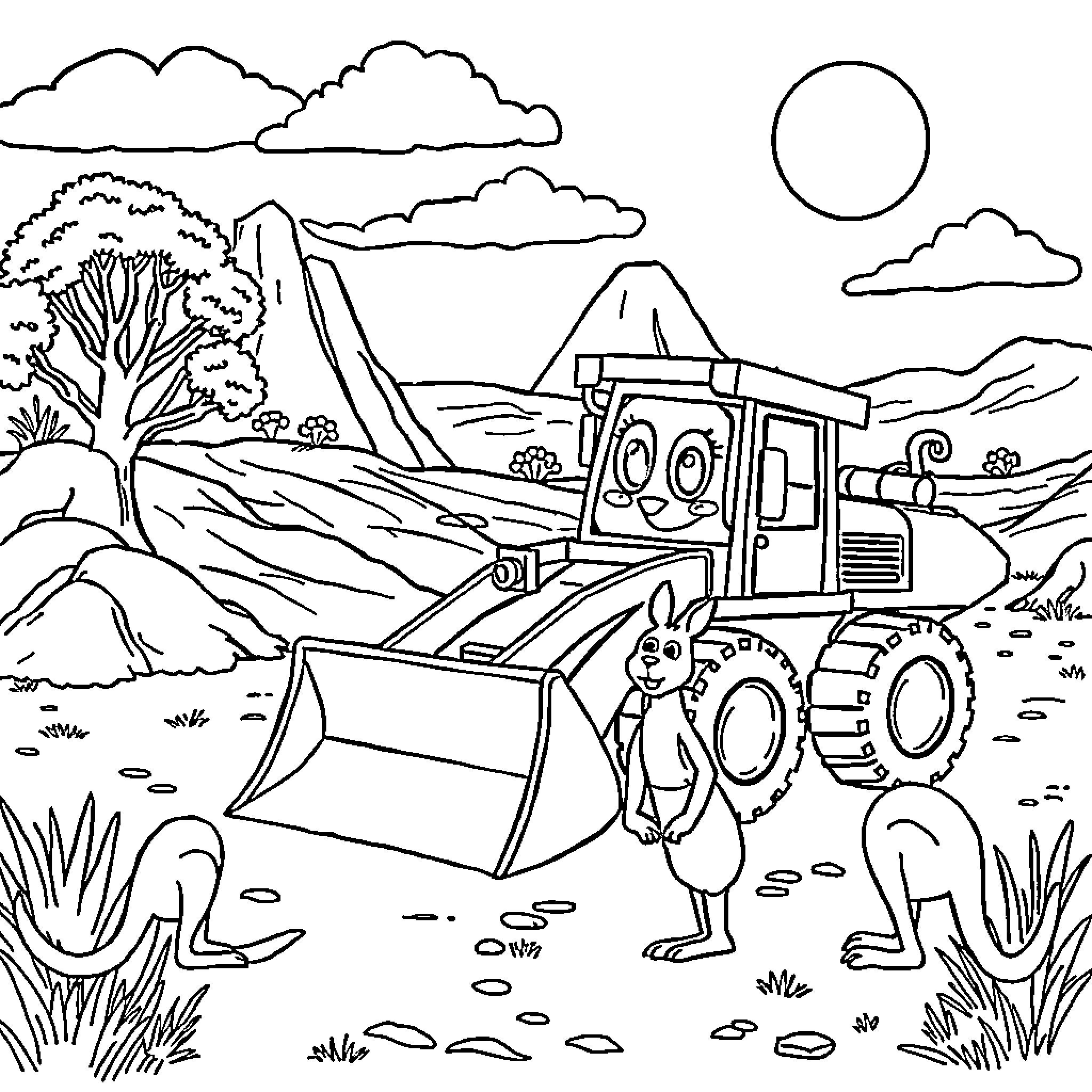 Rubble from construction site and cartoon characters Coloring Page (free black-and-white line drawing printable PDF for all, from beginners to advanced learners, including children, teens, adults, and seniors)