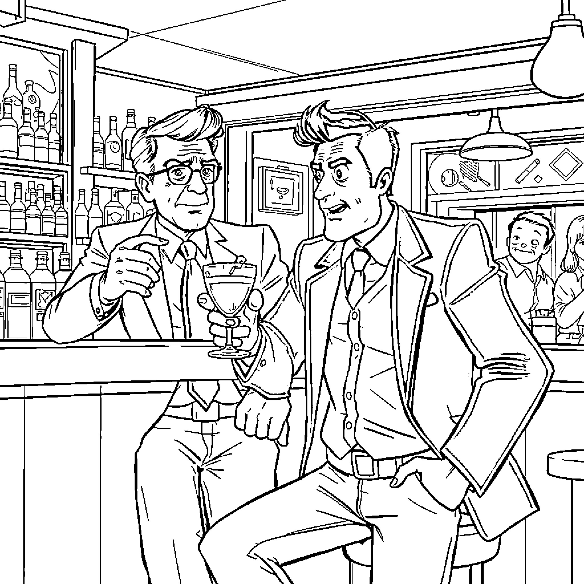 Sterling Archer enjoying drinks with friends in a bar Coloring Page (free black-and-white line drawing printable PDF for all, from beginners to advanced learners, including children, teens, adults, and seniors)