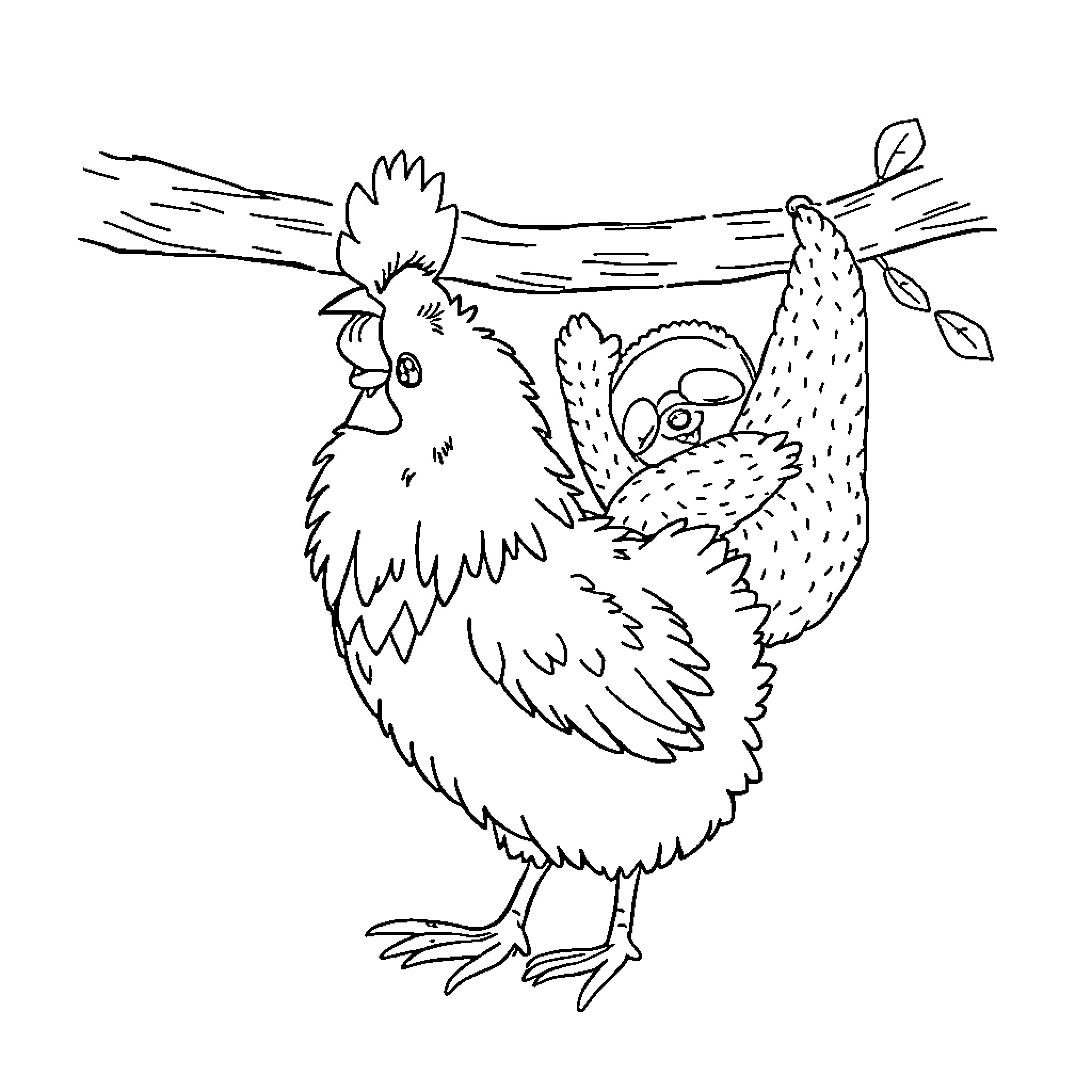 Chicken with playful expression in nature Coloring Page (free black-and-white line drawing printable PDF for all, from beginners to advanced learners, including children, teens, adults, and seniors)