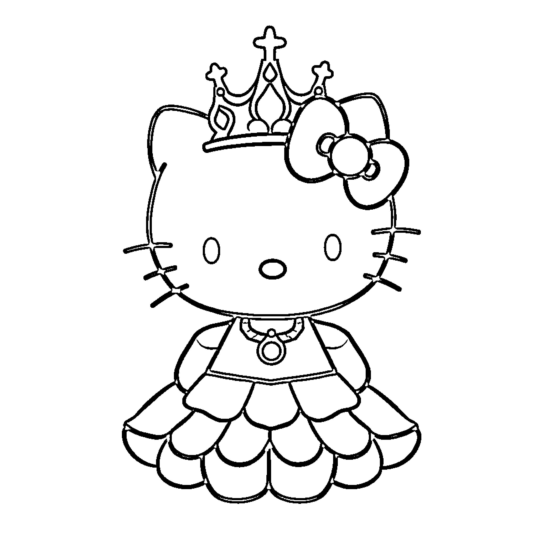 Hello Kitty wearing a crown and fancy dress Coloring Page (free black-and-white line drawing printable PDF for all, from beginners to advanced learners, including children, teens, adults, and seniors)