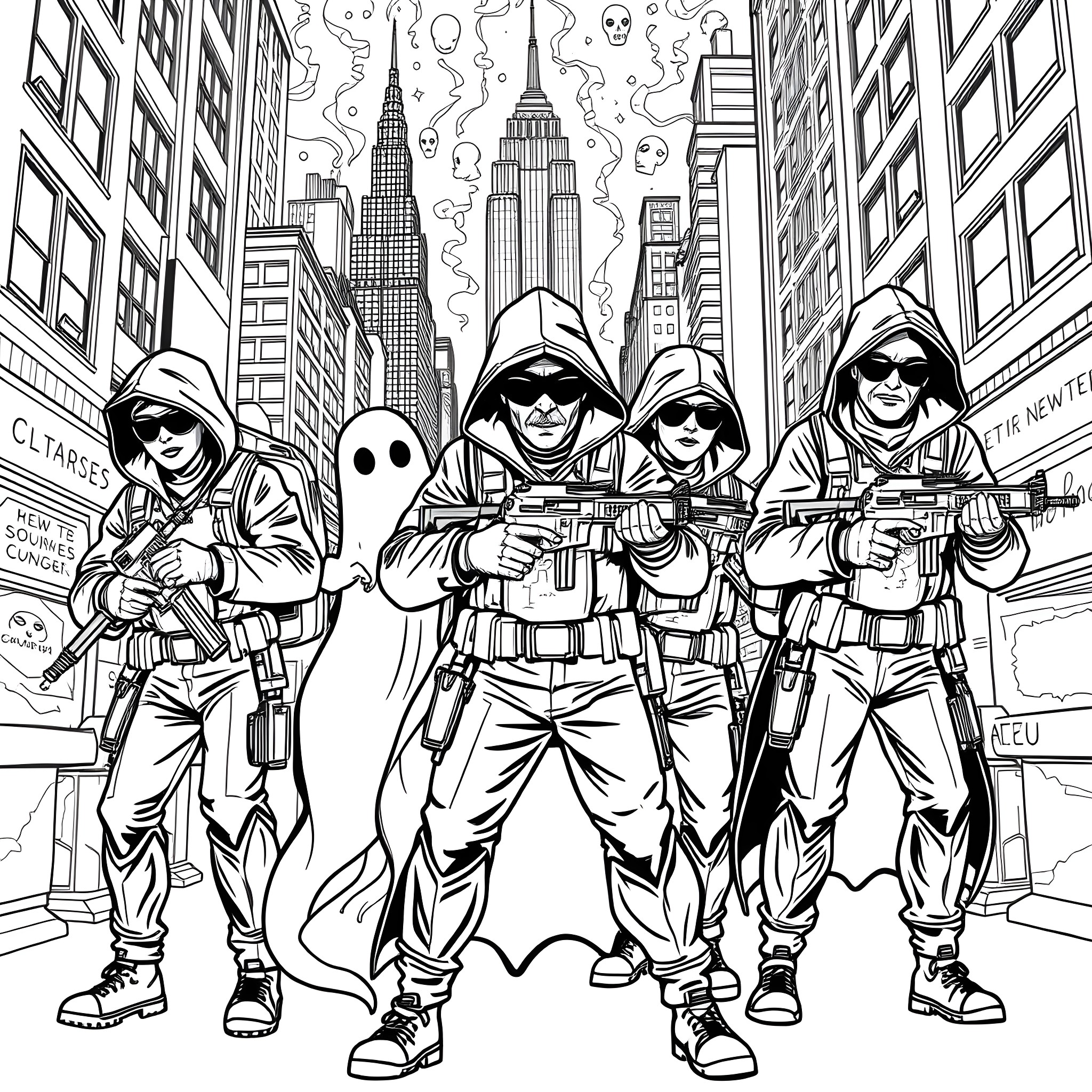 Ghostbusters team in action in the city Coloring Page (free black-and-white line drawing printable PDF for all, from beginners to advanced learners, including children, teens, adults, and seniors)