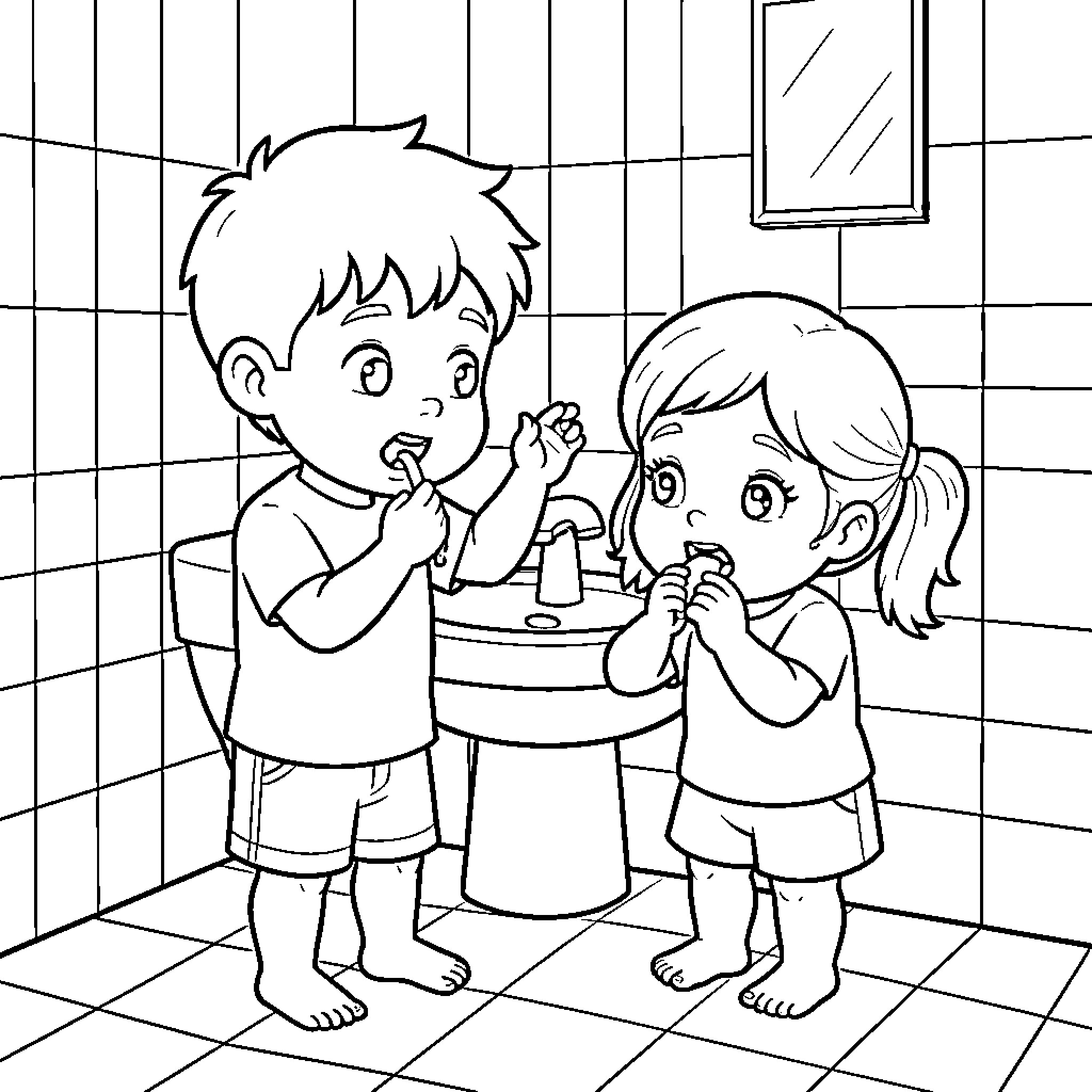 Child brushing teeth with sibling in bathroom Coloring Page (free black-and-white line drawing printable PDF for all, from beginners to advanced learners, including children, teens, adults, and seniors)
