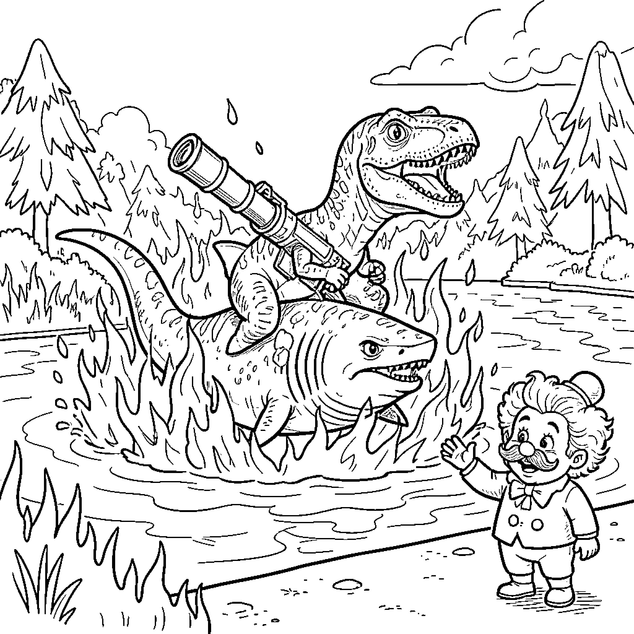 Velociraptor hunting in a forest landscape Coloring Page (free black-and-white line drawing printable PDF for all, from beginners to advanced learners, including children, teens, adults, and seniors)