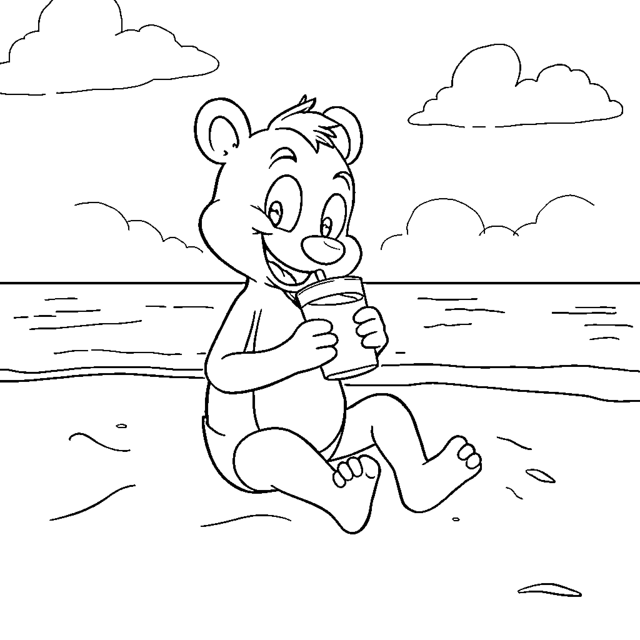 Bluey playing happily by the water Coloring Page (free black-and-white line drawing printable PDF for all, from beginners to advanced learners, including children, teens, adults, and seniors)