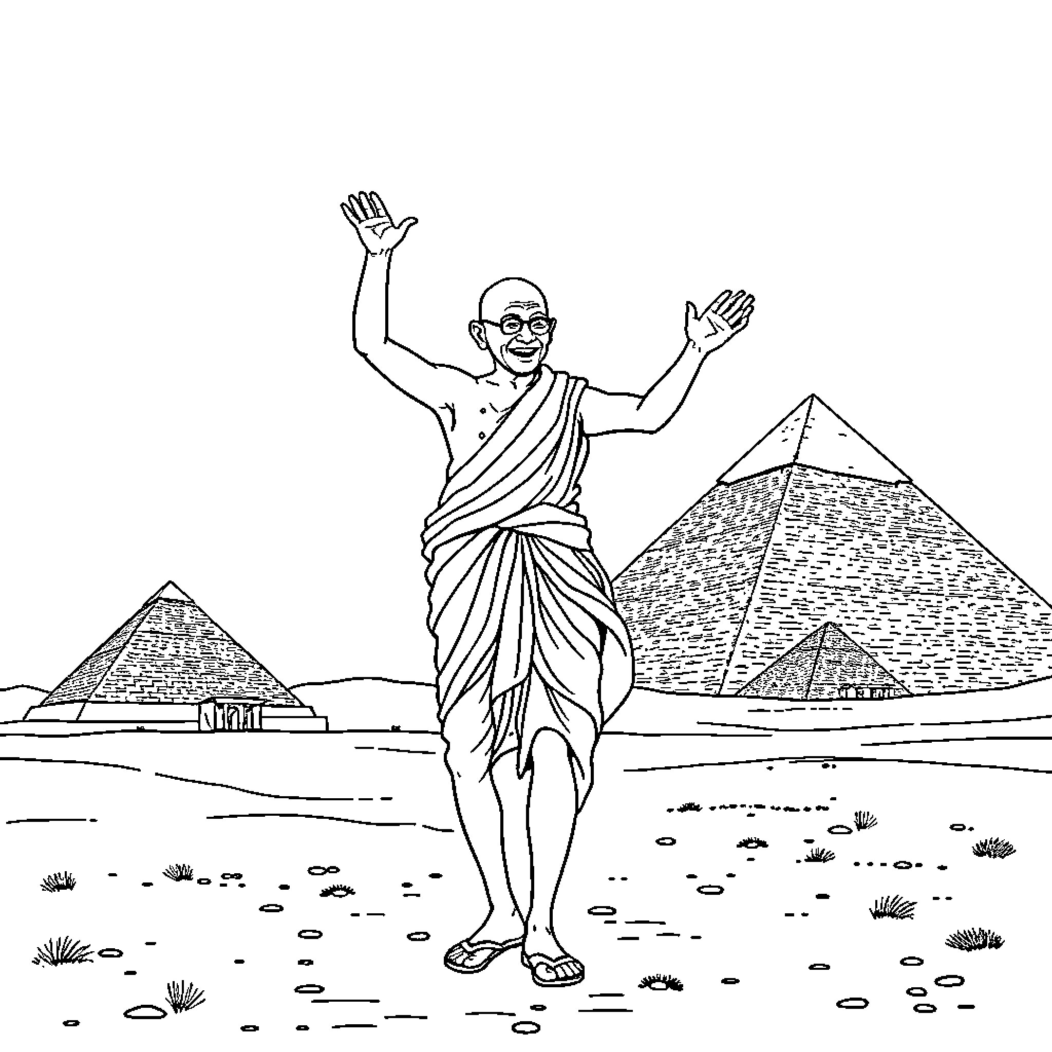 Mahatma Gandhi joyfully gestures in ancient Egyptian landscape Coloring Page (free black-and-white line drawing printable PDF for all, from beginners to advanced learners, including children, teens, adults, and seniors)