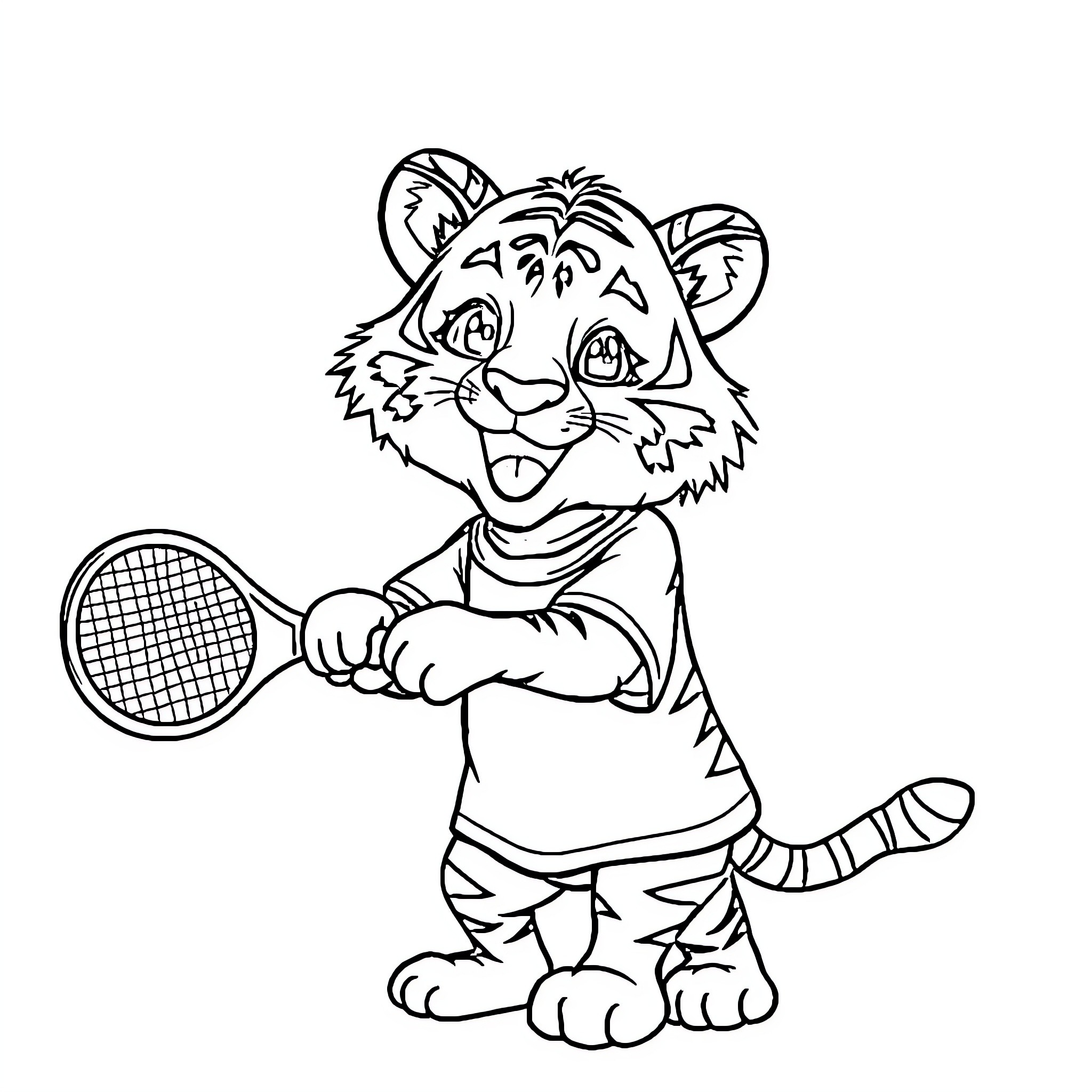 Tiger playing with tennis racket Coloring Page (free black-and-white line drawing printable PDF for all, from beginners to advanced learners, including children, teens, adults, and seniors)