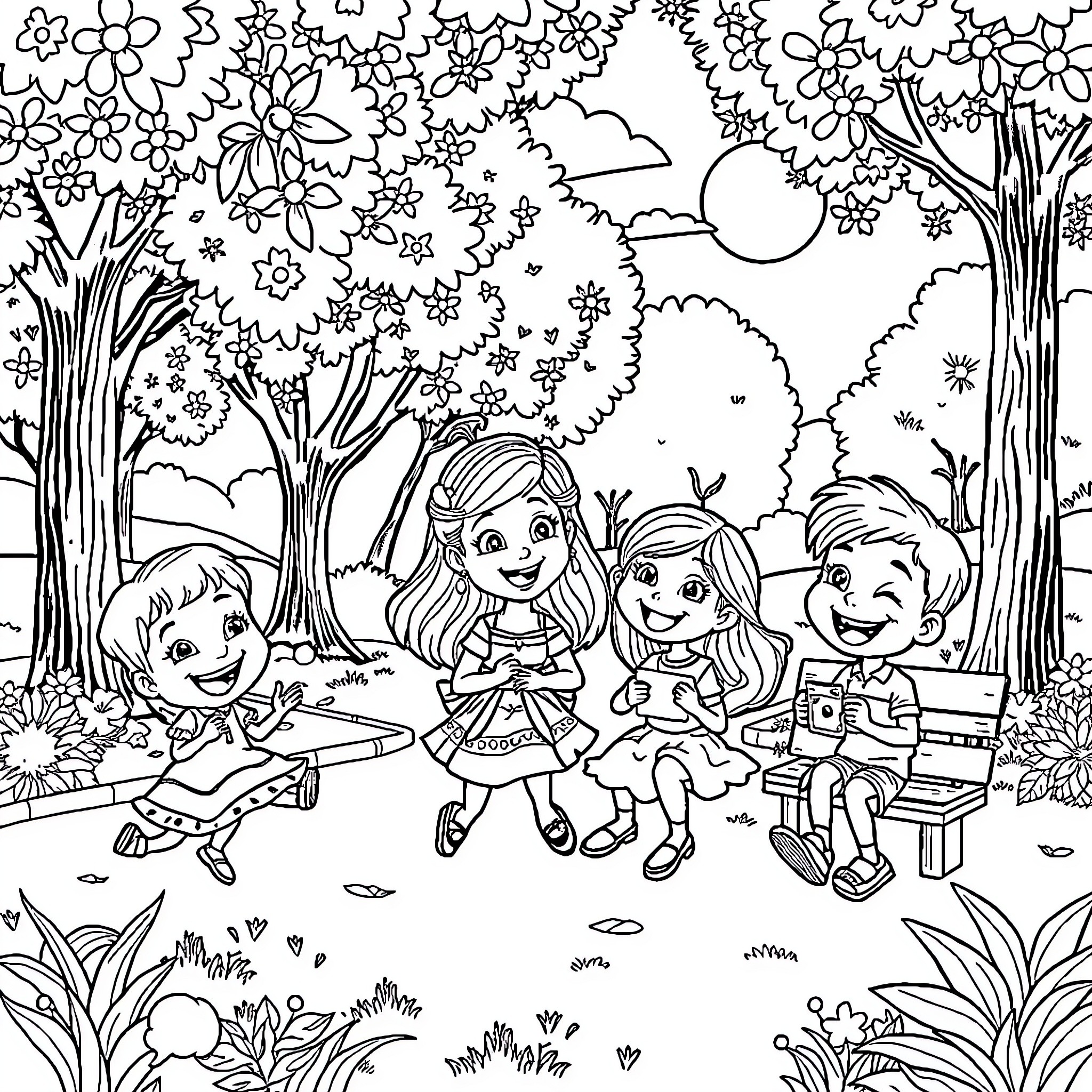 Rosita Fresita and friends explore the enchanted forest Coloring Page (free black-and-white line drawing printable PDF for all, from beginners to advanced learners, including children, teens, adults, and seniors)